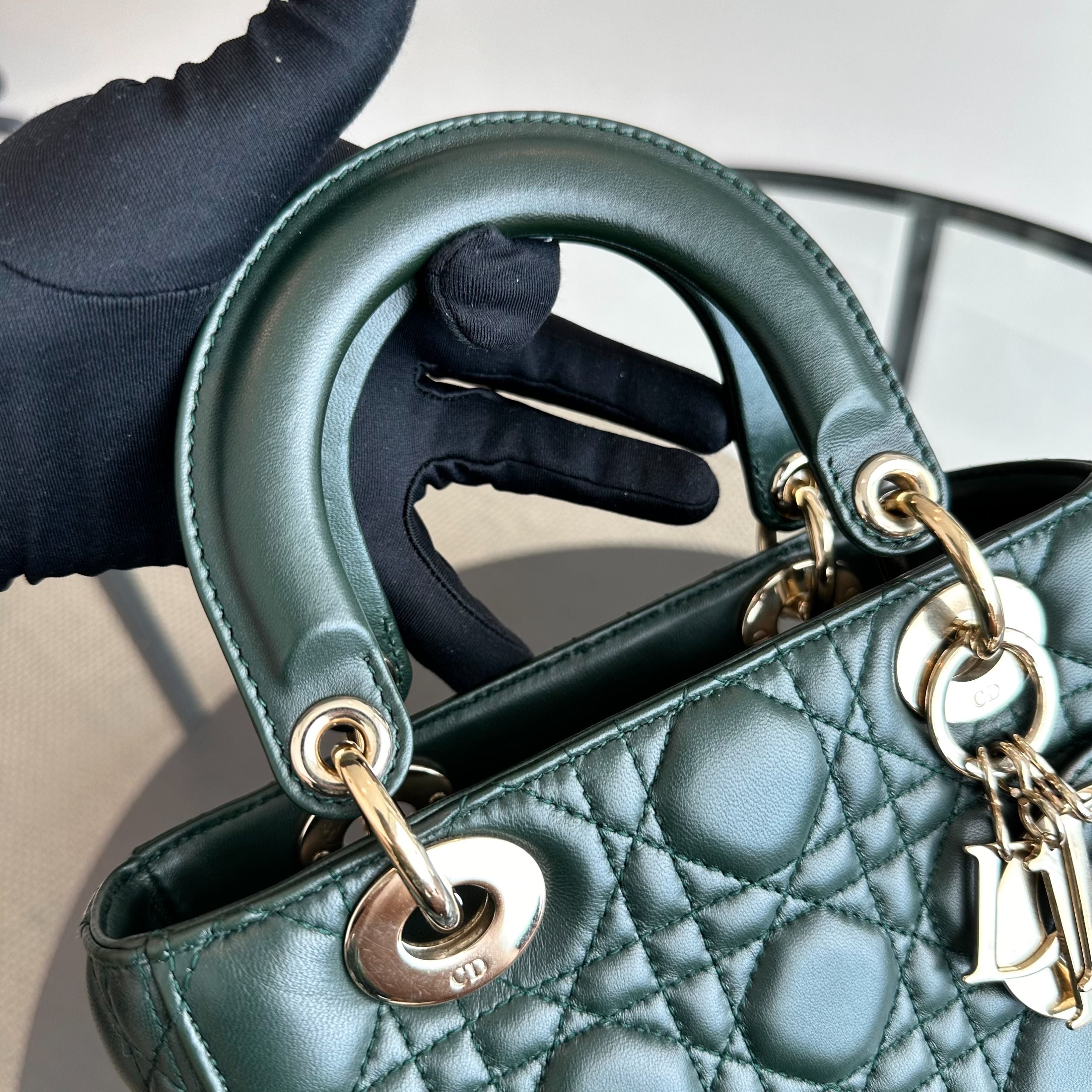 Dior Lady Small Lambskin Charm Badge Dark Green GHW - Luxury Evermore