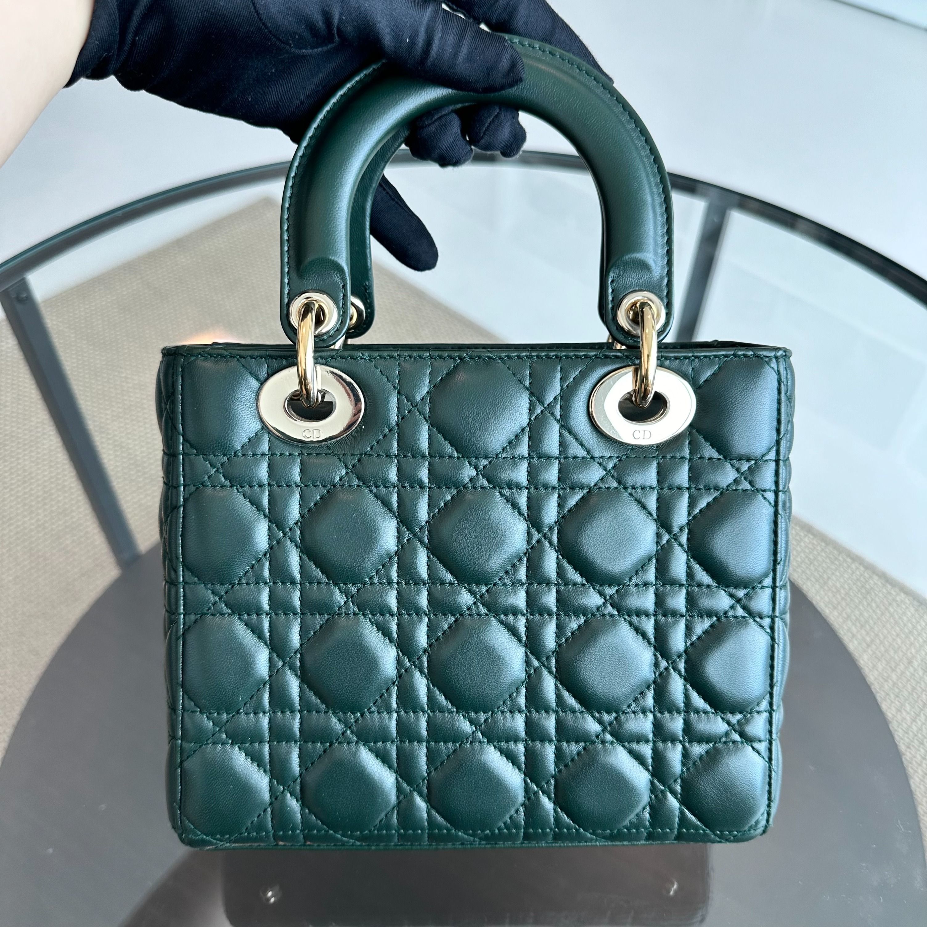 Dior Lady Small Lambskin Charm Badge Dark Green GHW - Luxury Evermore