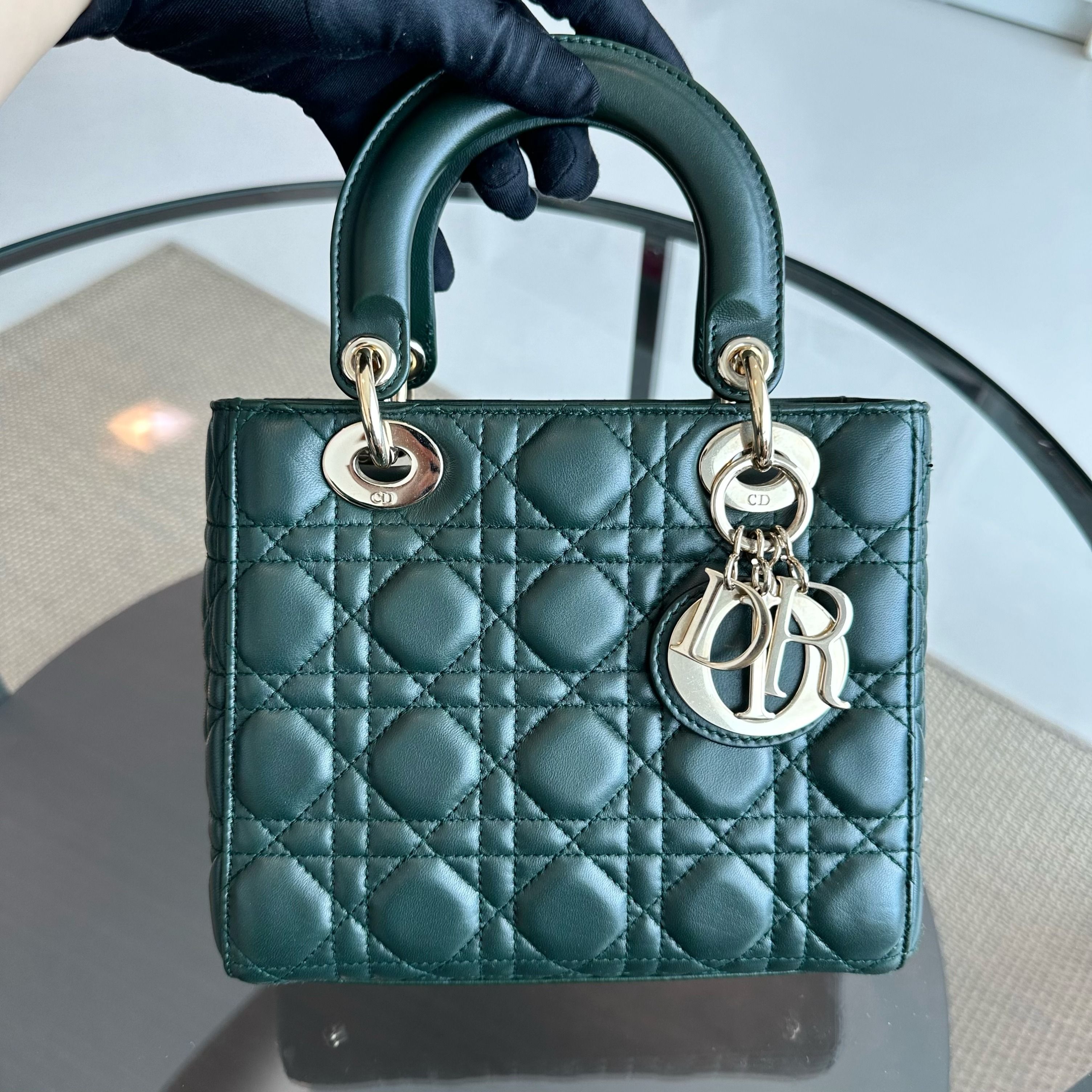 Dior Lady Small Lambskin Charm Badge Dark Green GHW - Luxury Evermore