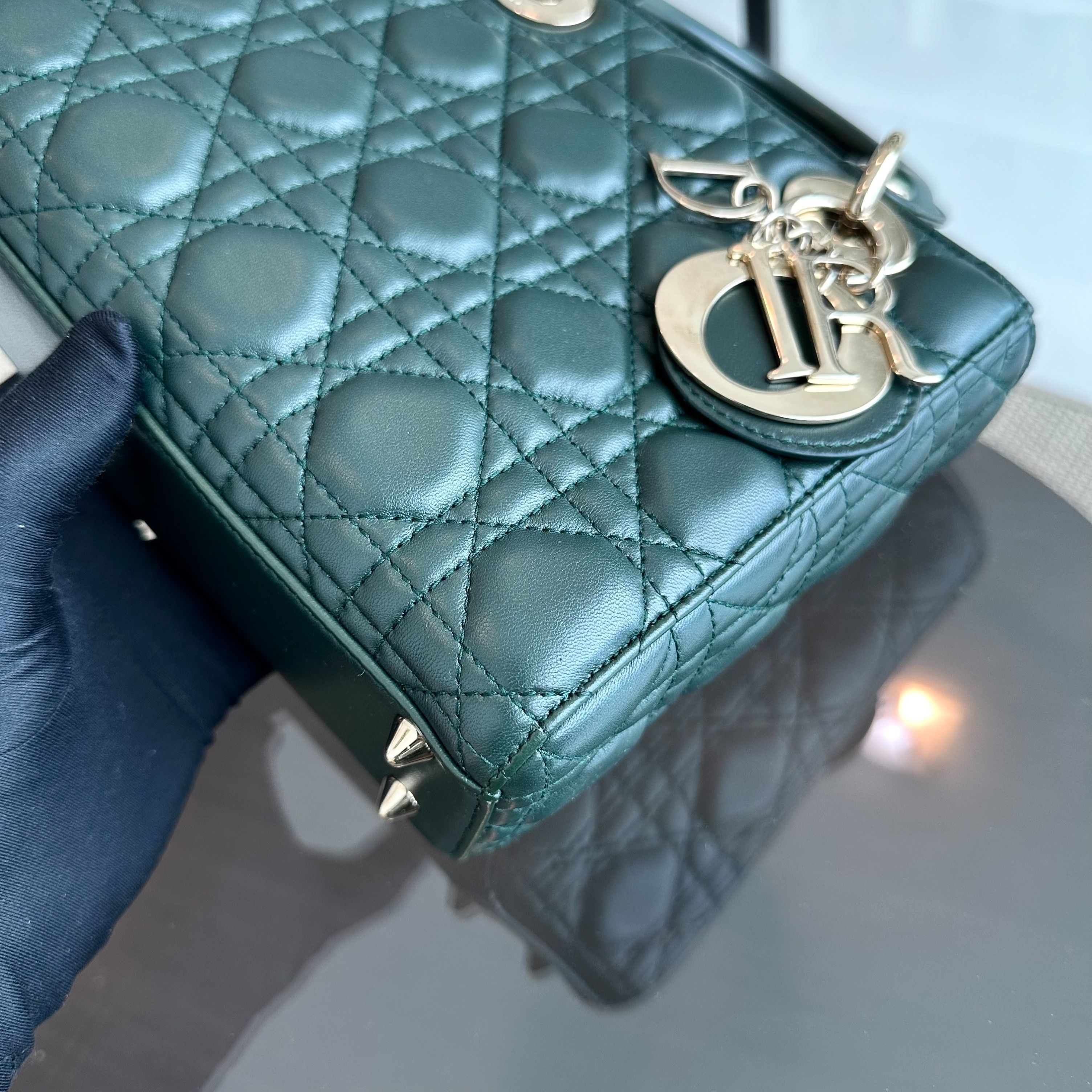 Dior Lady Small Lambskin Charm Badge Dark Green GHW - Luxury Evermore