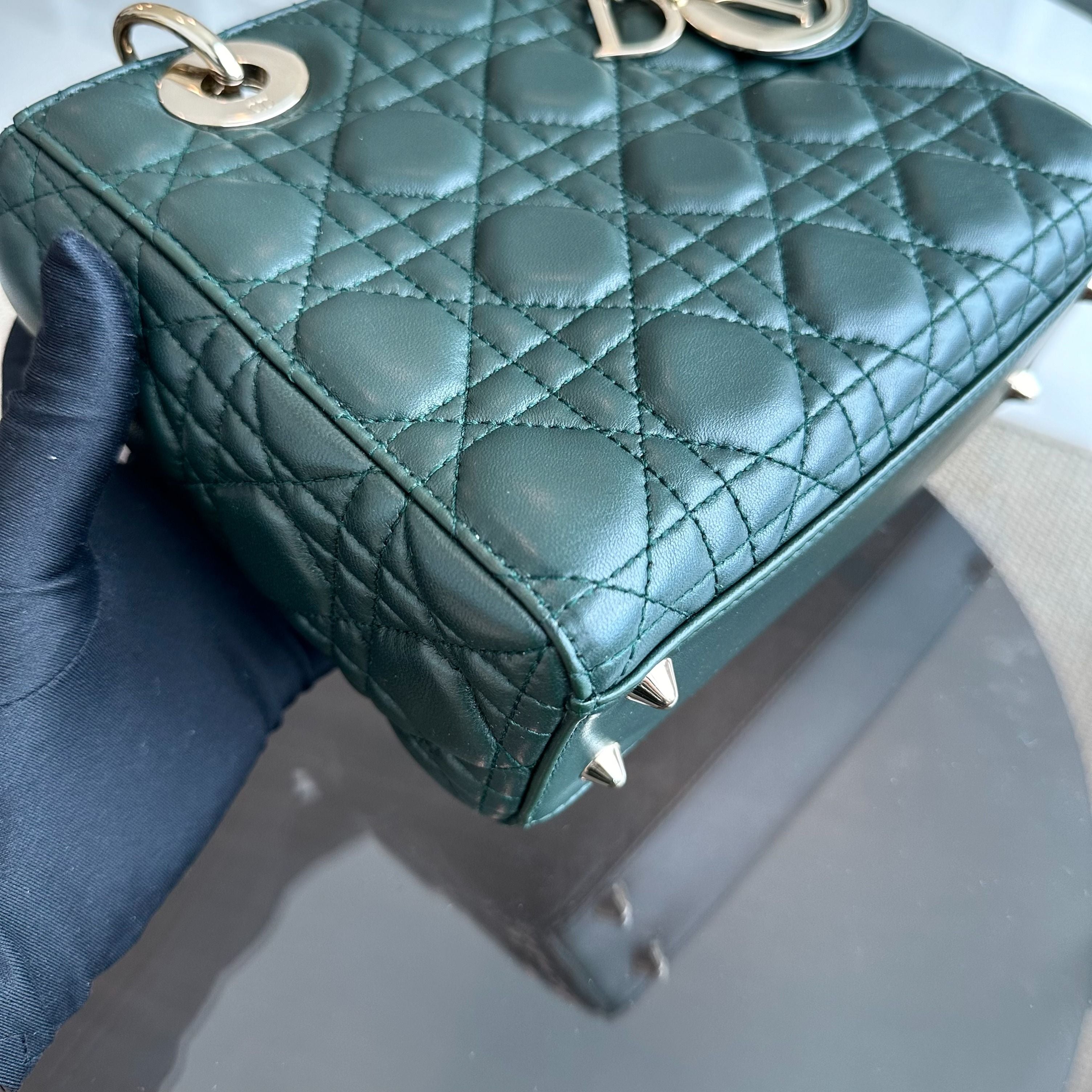 Dior Lady Small Lambskin Charm Badge Dark Green GHW - Luxury Evermore