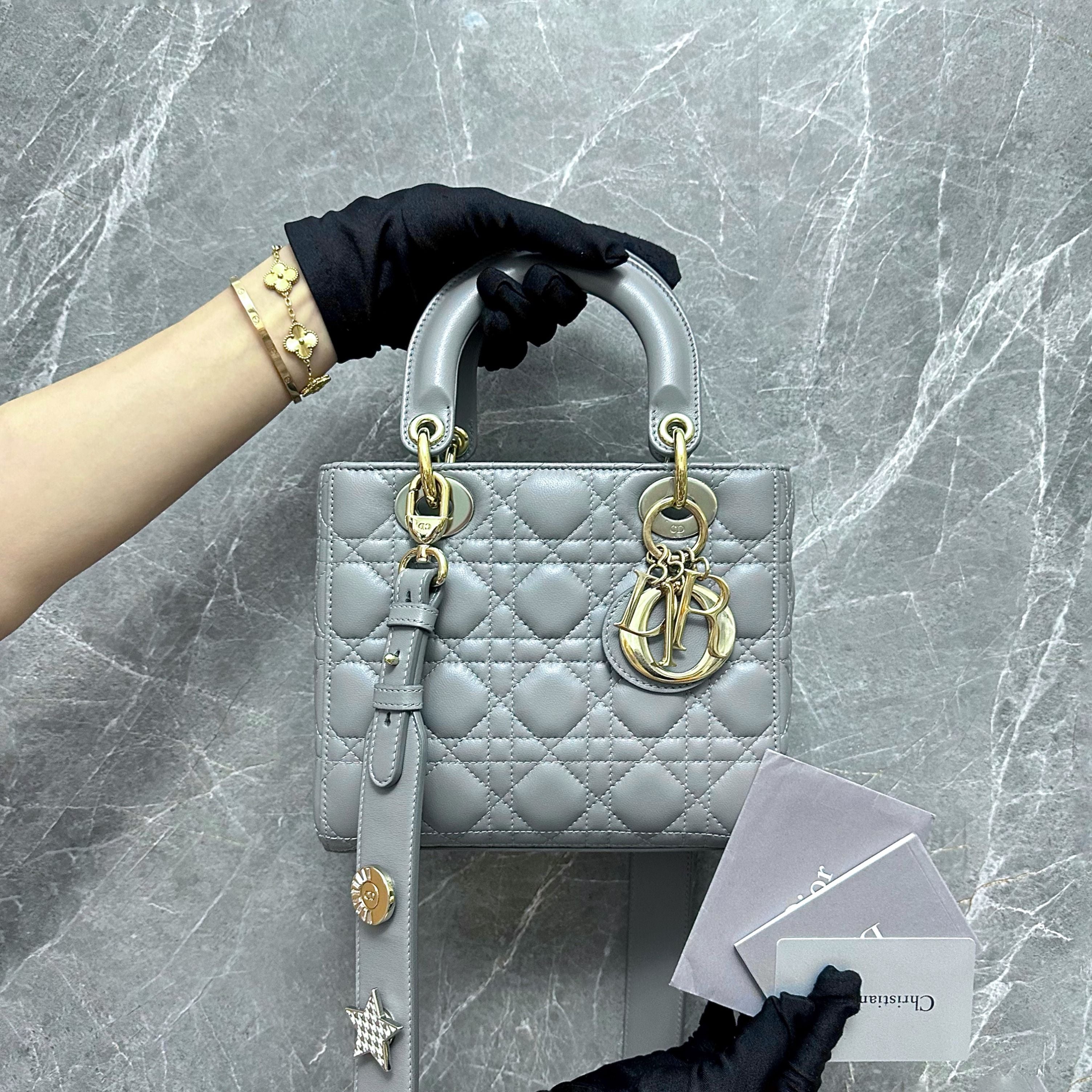 Dior Lady Small Lambskin Charm Badge Grey LGHW - Luxury Evermore