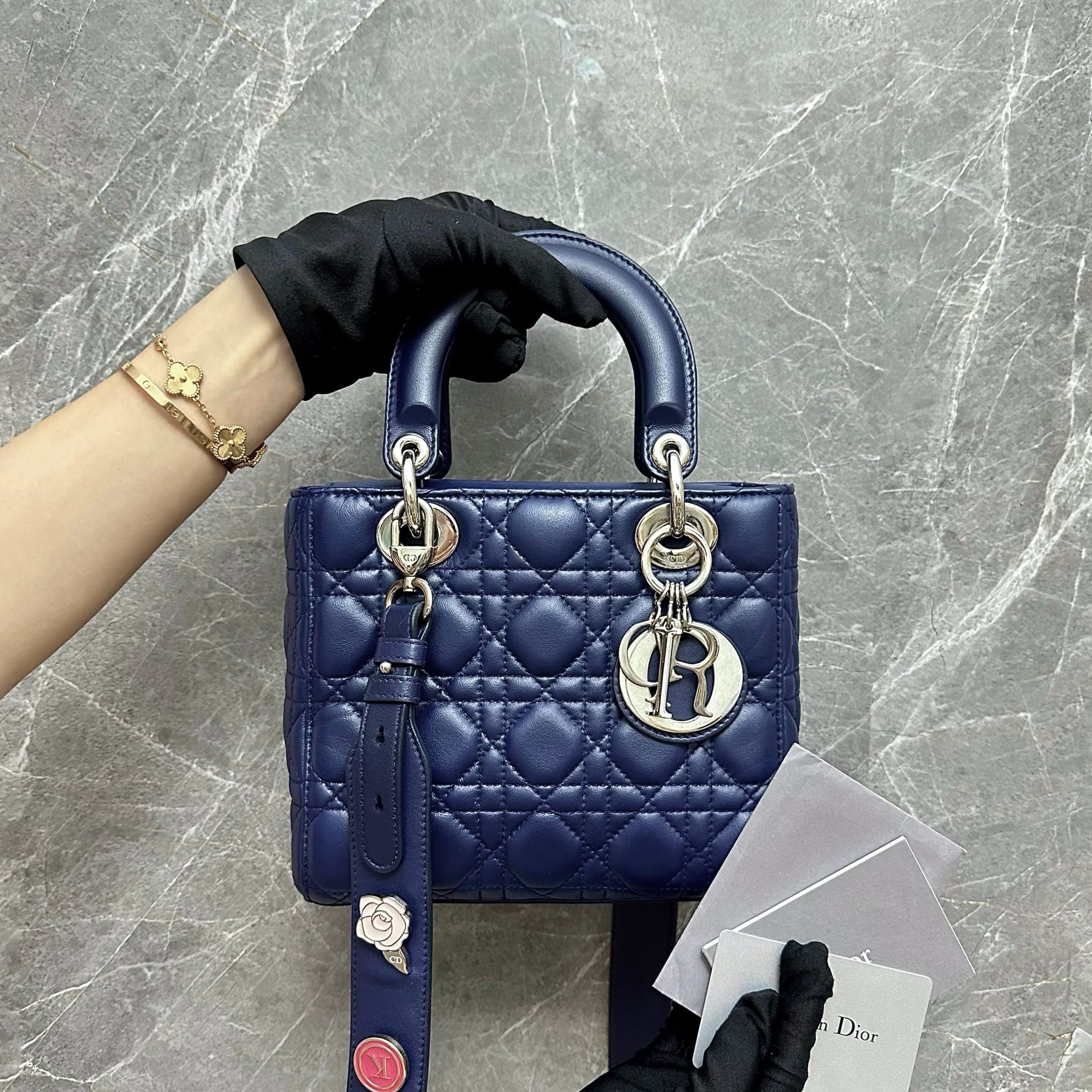 Dior Lady Small Lambskin Dark Blue Charm Badge SHW - Luxury Evermore