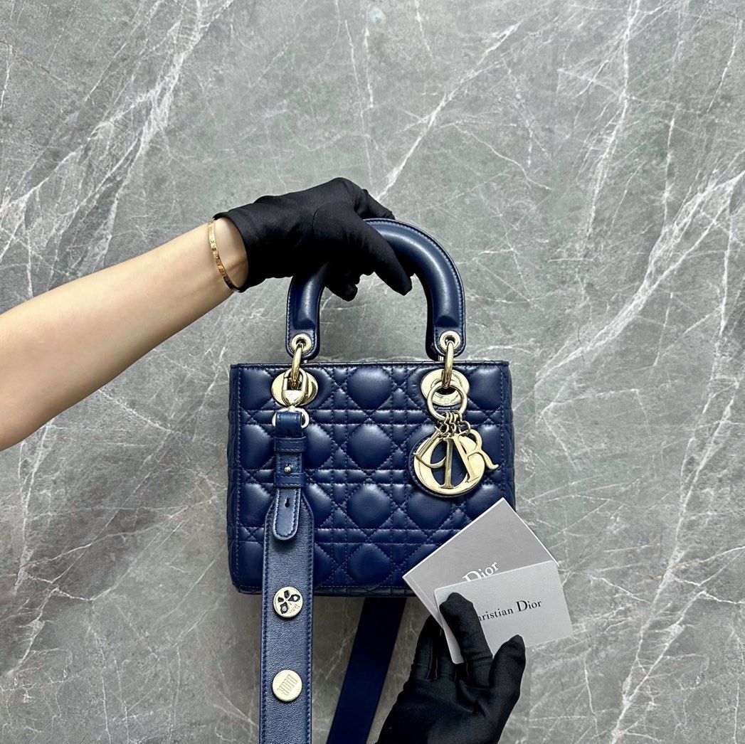 Dior Lady Small Lambskin Navy Blue GHW Charm Badge MyABC - Luxury Evermore