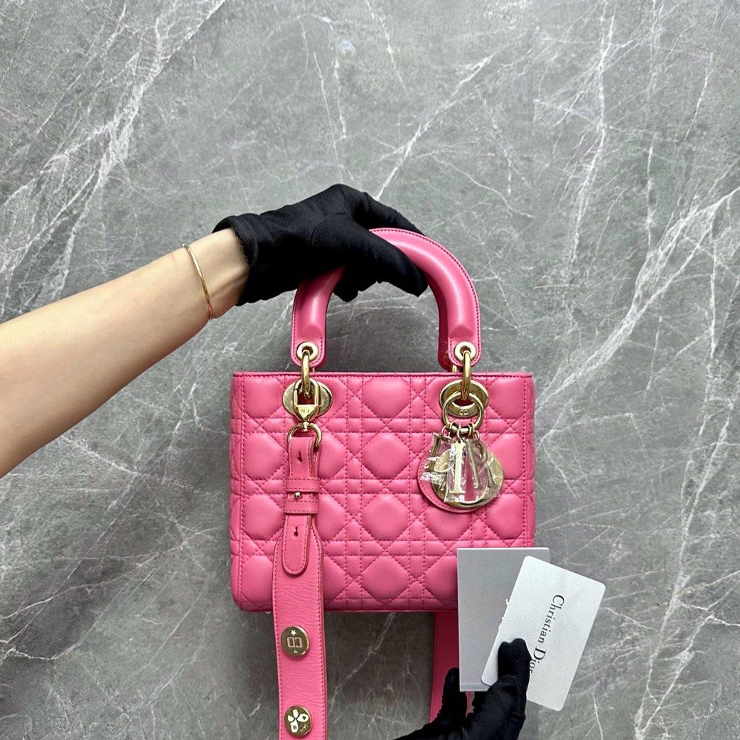 Dior Lady Small Lambskin Pink GHW Badge ABC - Luxury Evermore