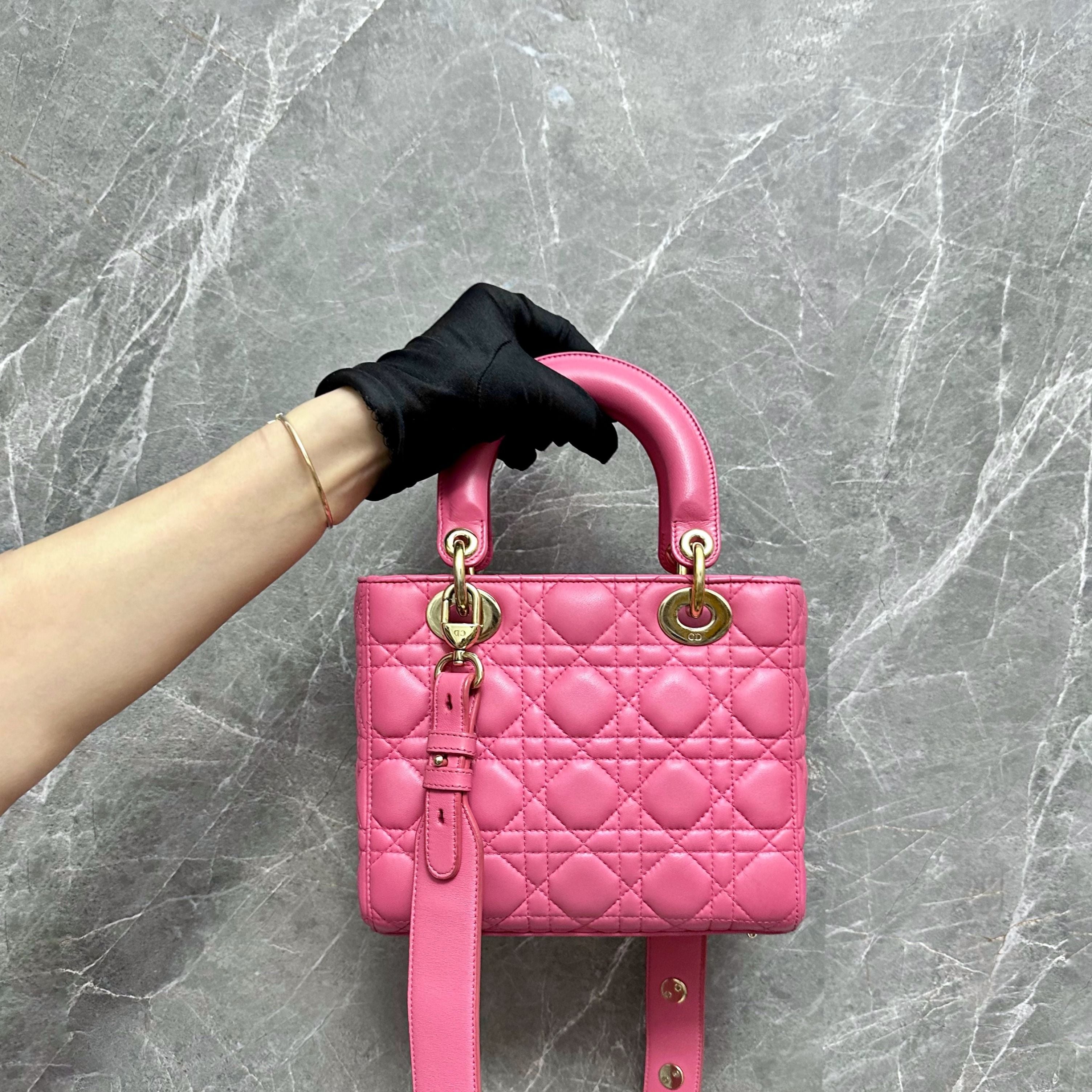 Dior Lady Small Lambskin Pink GHW Badge ABC - Luxury Evermore