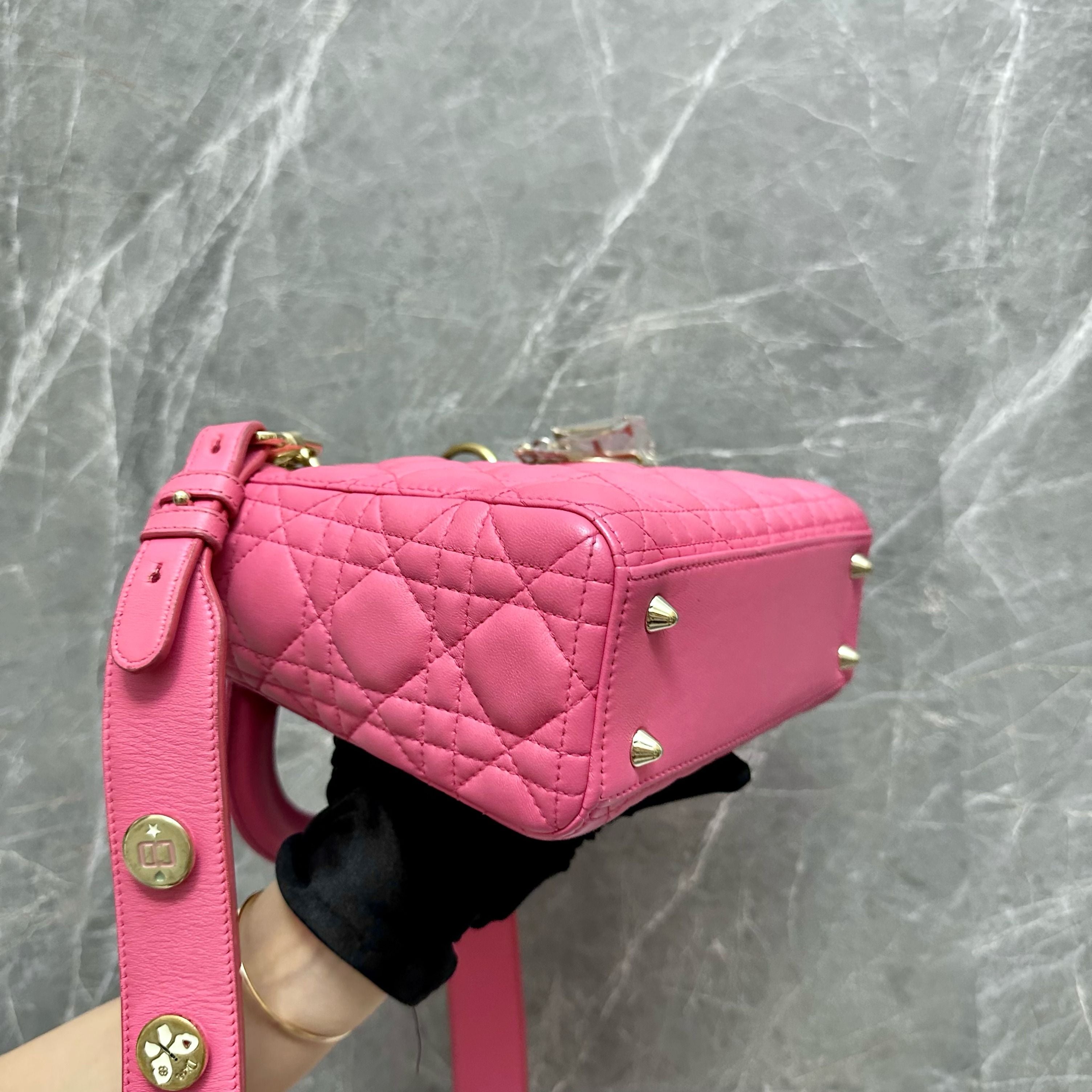 Dior Lady Small Lambskin Pink GHW Badge ABC - Luxury Evermore