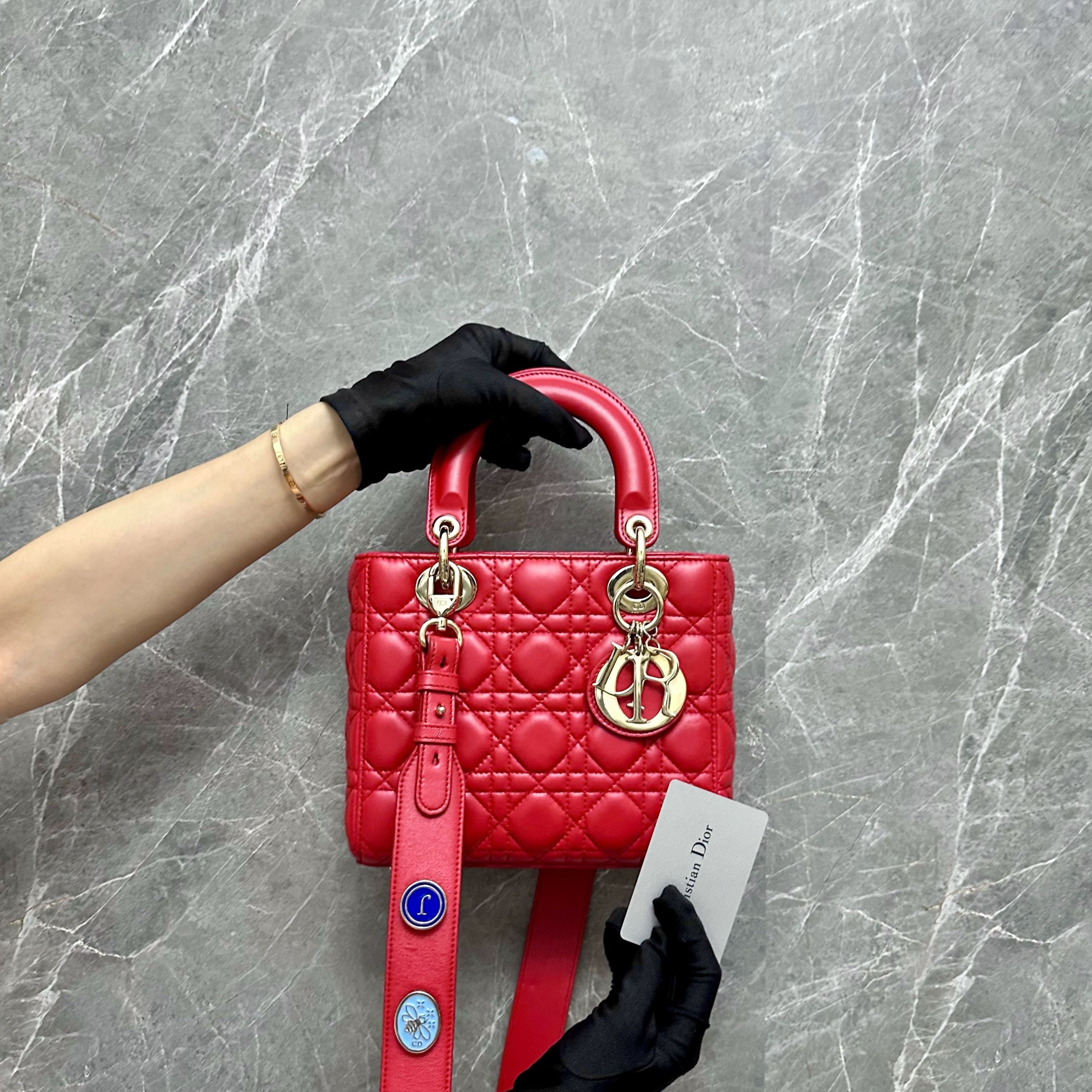 Dior Lady Small Lambskin Red GHW MyABC Charm Badge - Luxury Evermore