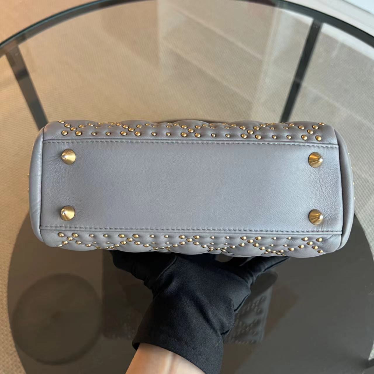 Dior Lady Small Studded Smooth Lambskin Grey Gray GHW - Luxury Evermore