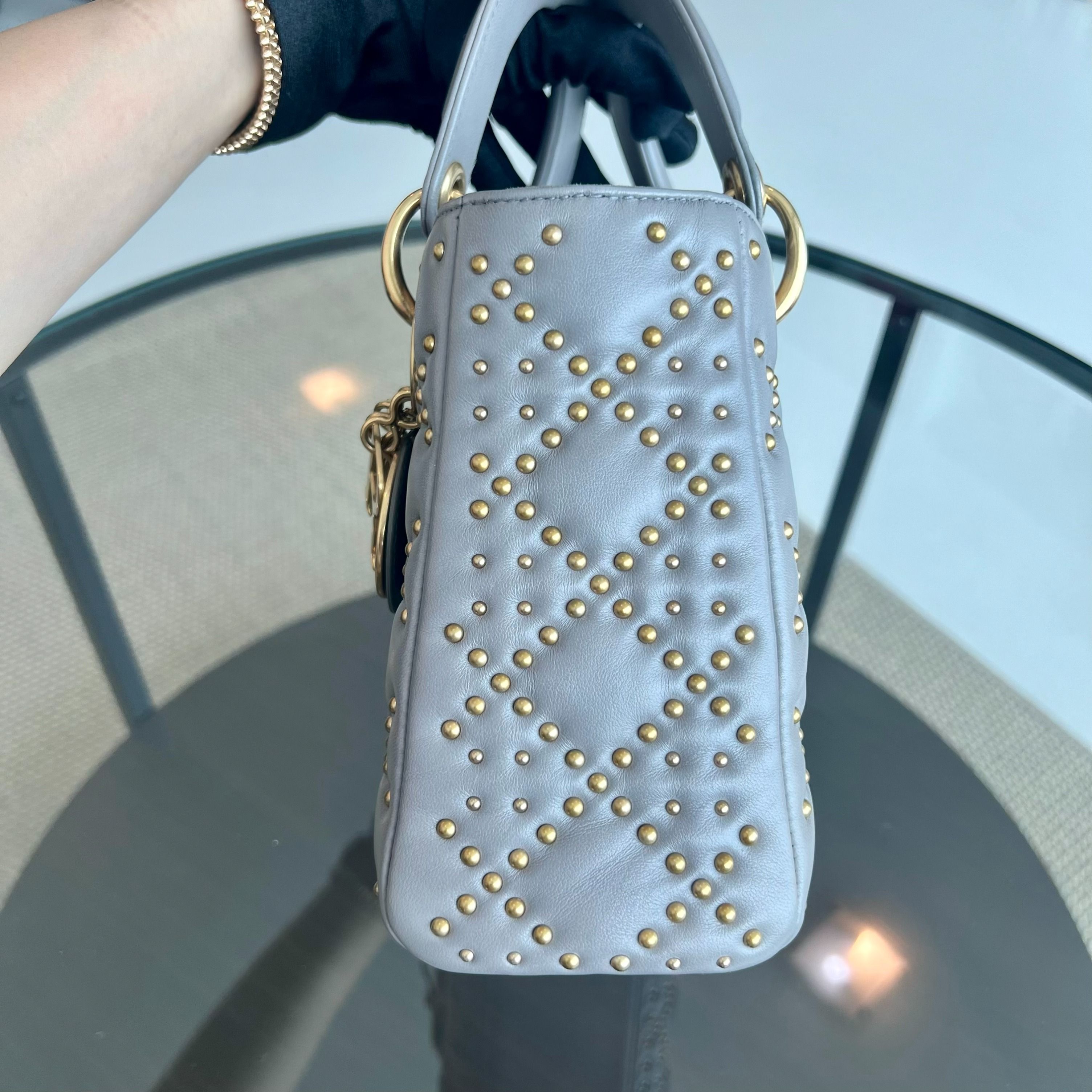 Dior Lady Small Studded Soft Lambskin Grey GHW - Luxury Evermore