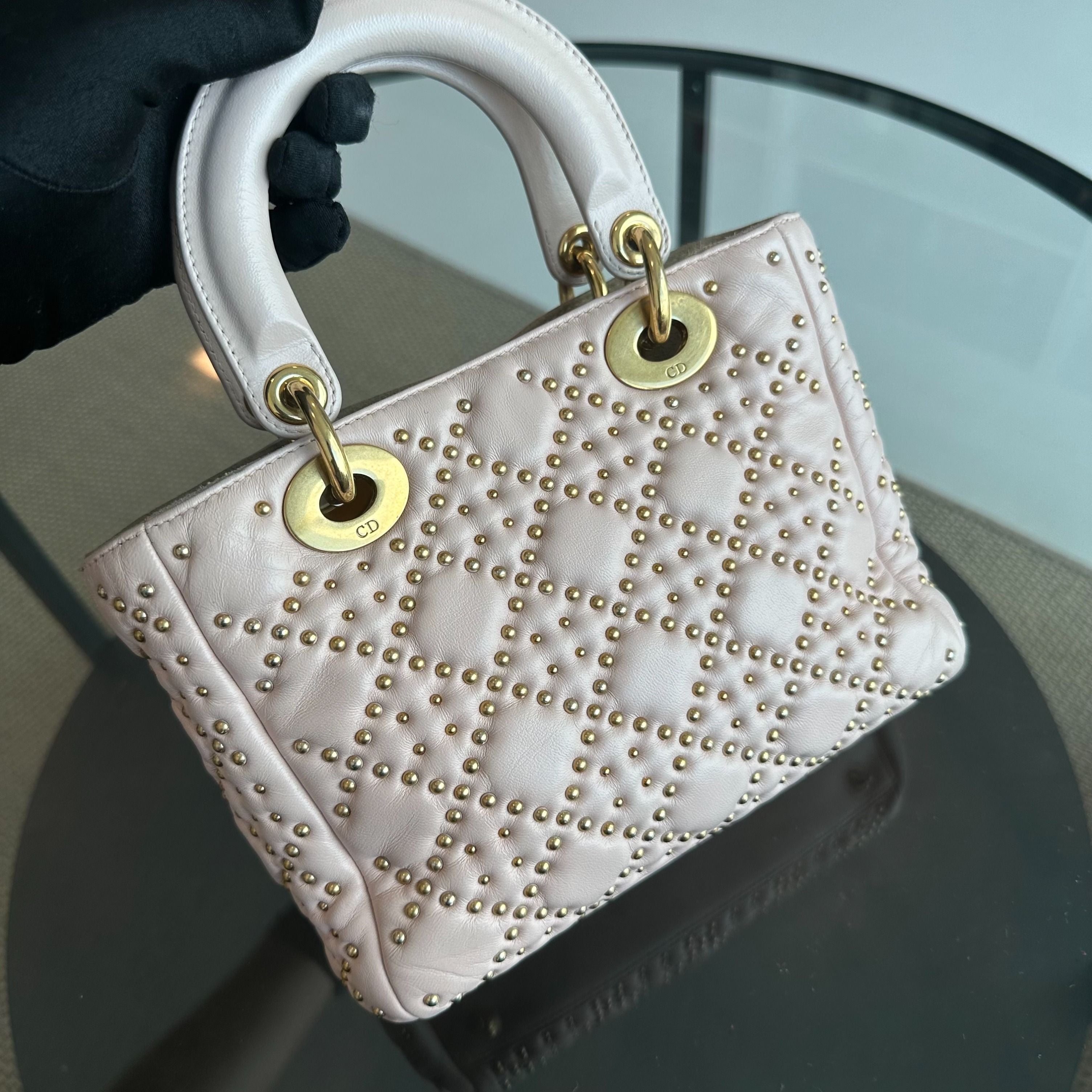 Dior Lady Small Studded Soft Lambskin Leather Sakura Pink GHW - Luxury Evermore