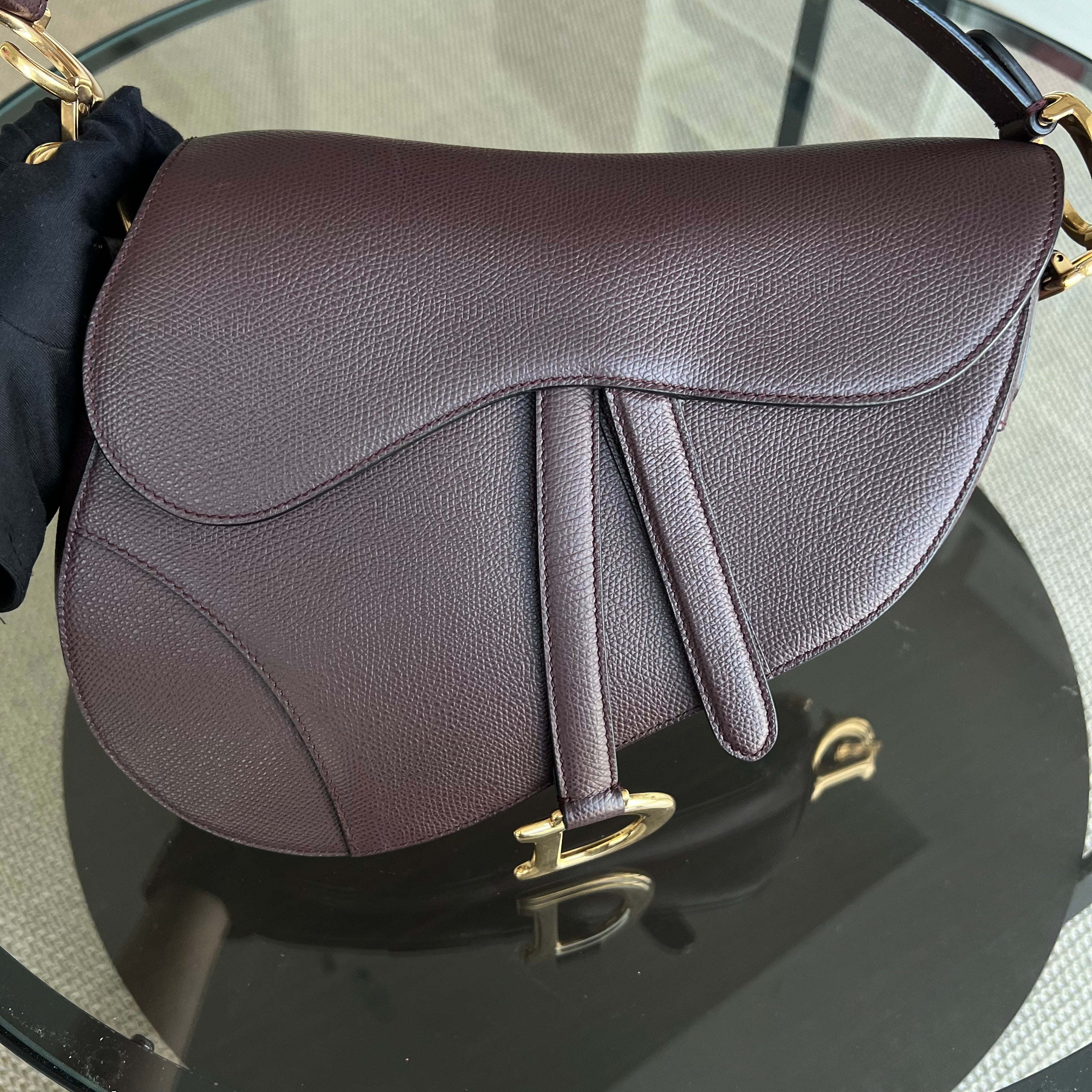 Dior Medium Saddle 25CM Grained Calfskin Burgundy Golden Hardware - Luxury Evermore