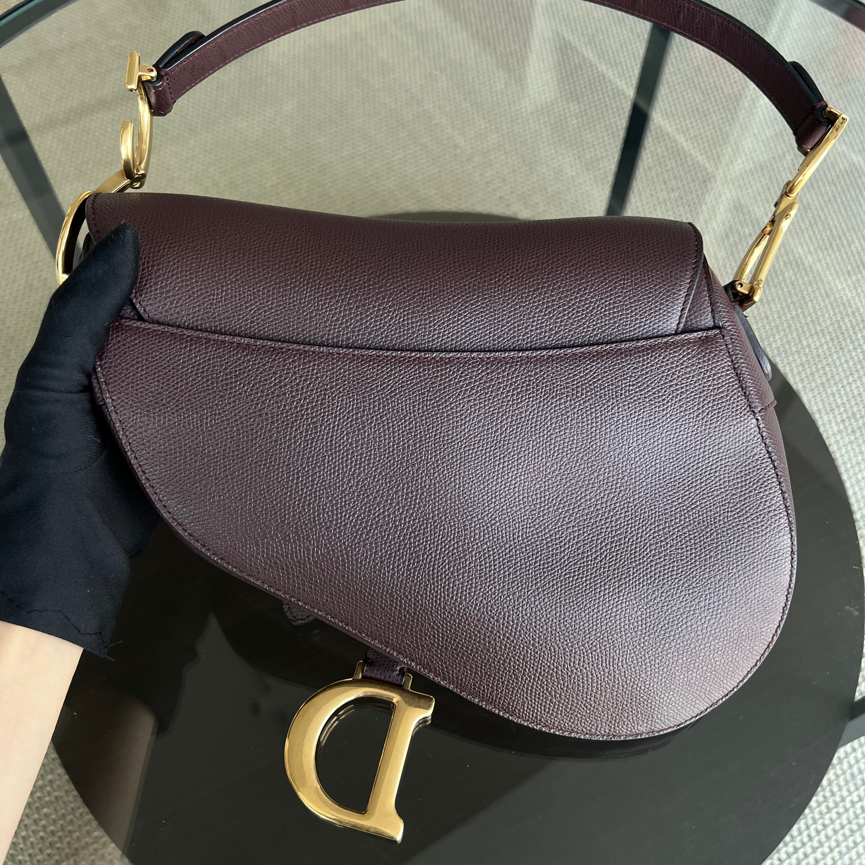 Dior Medium Saddle 25CM Grained Calfskin Burgundy Golden Hardware - Luxury Evermore