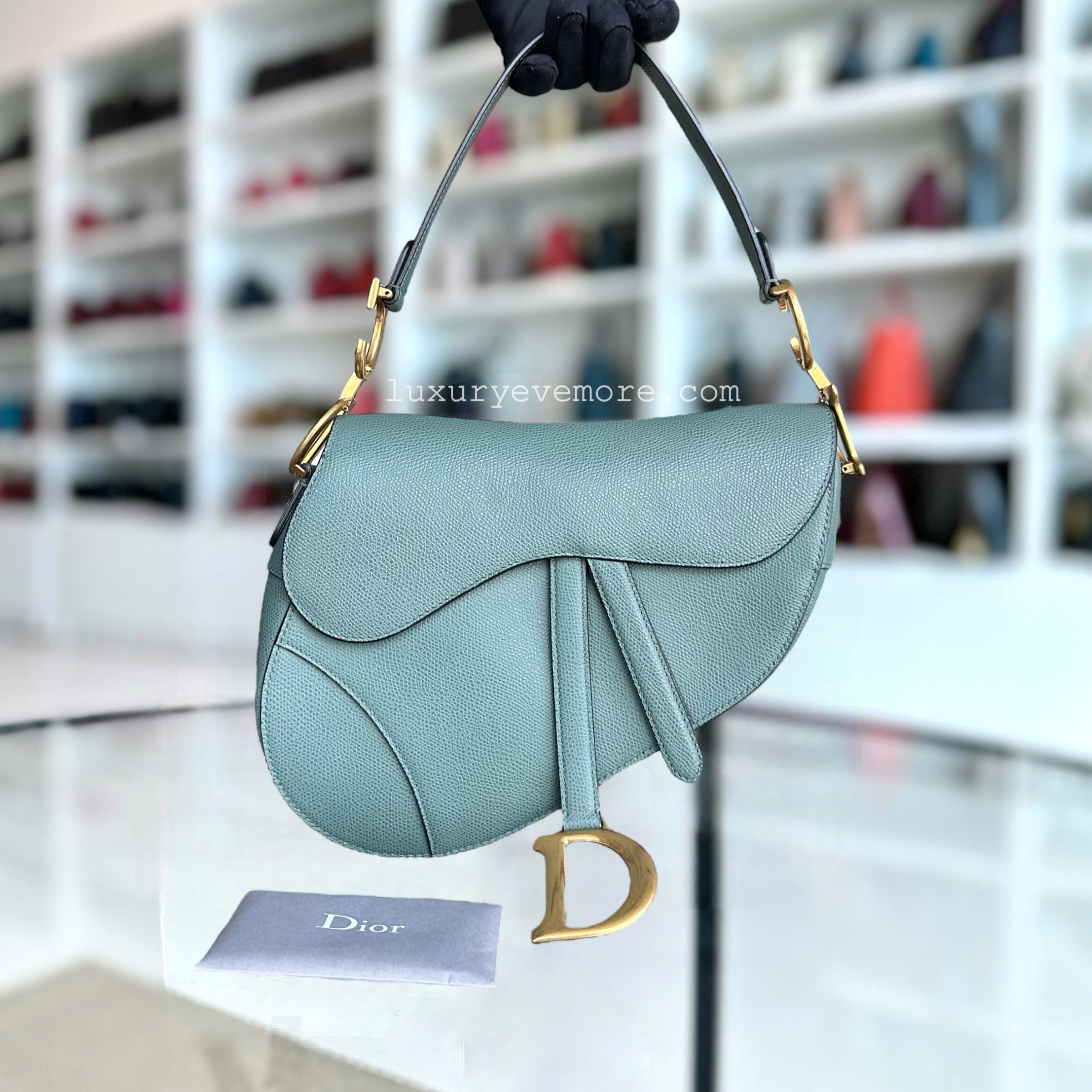 Dior Medium Saddle Grained Calfskin 25CM Haze Green Golden Hardware - Luxury Evermore