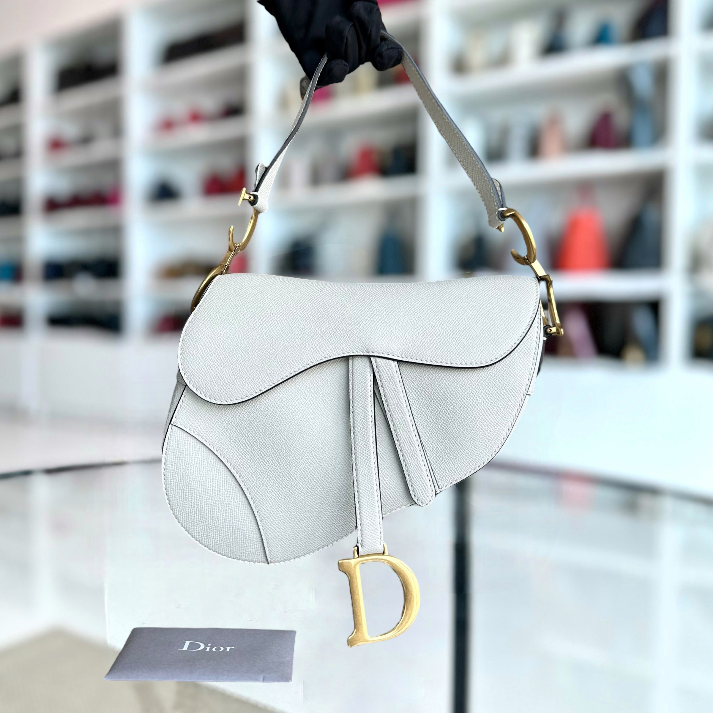 Dior Medium Saddle Grained Calfskin White Golden Hardware - Luxury Evermore