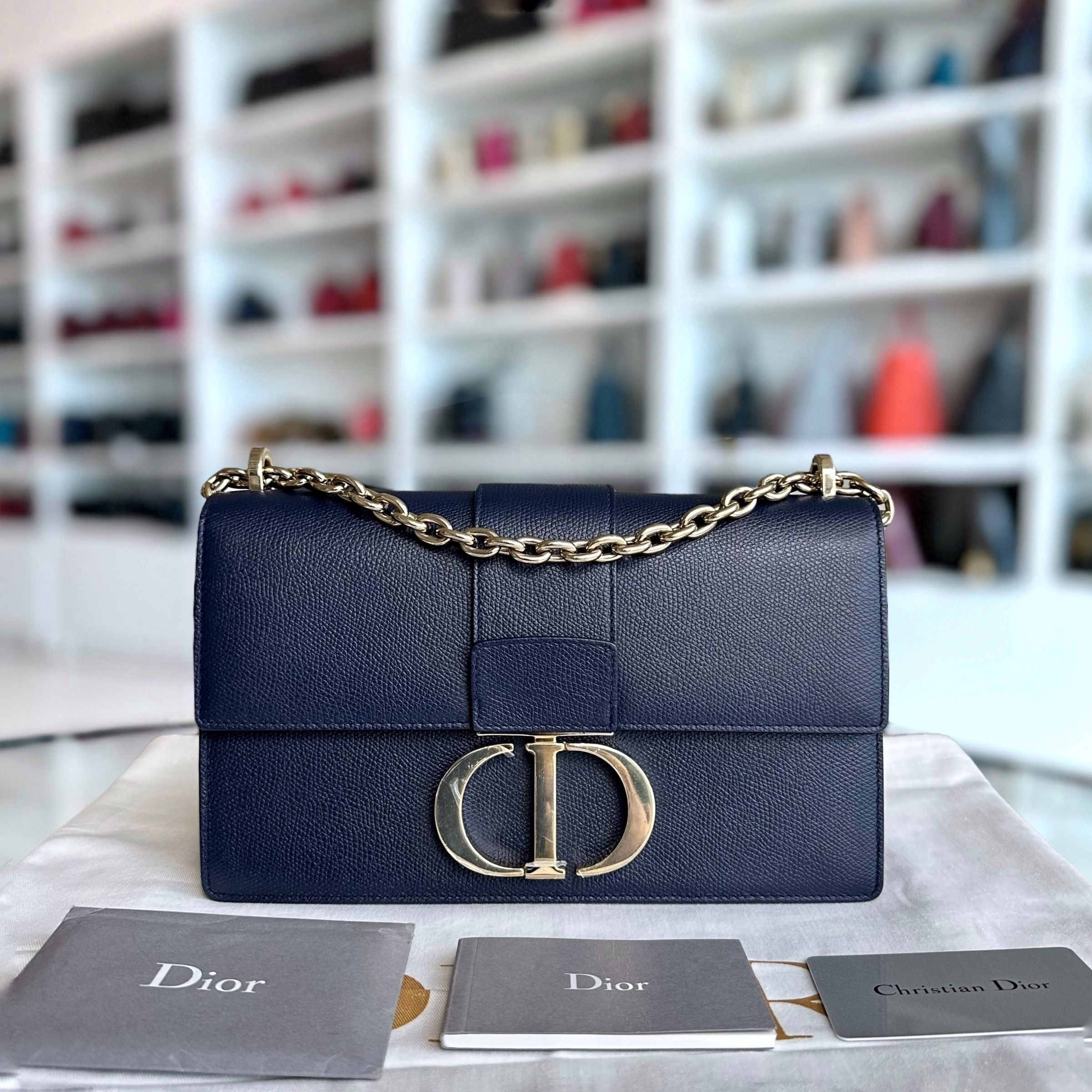 Dior Montaigne 30 East West Grained Calfskin Dark Blue LGHW - Luxury Evermore