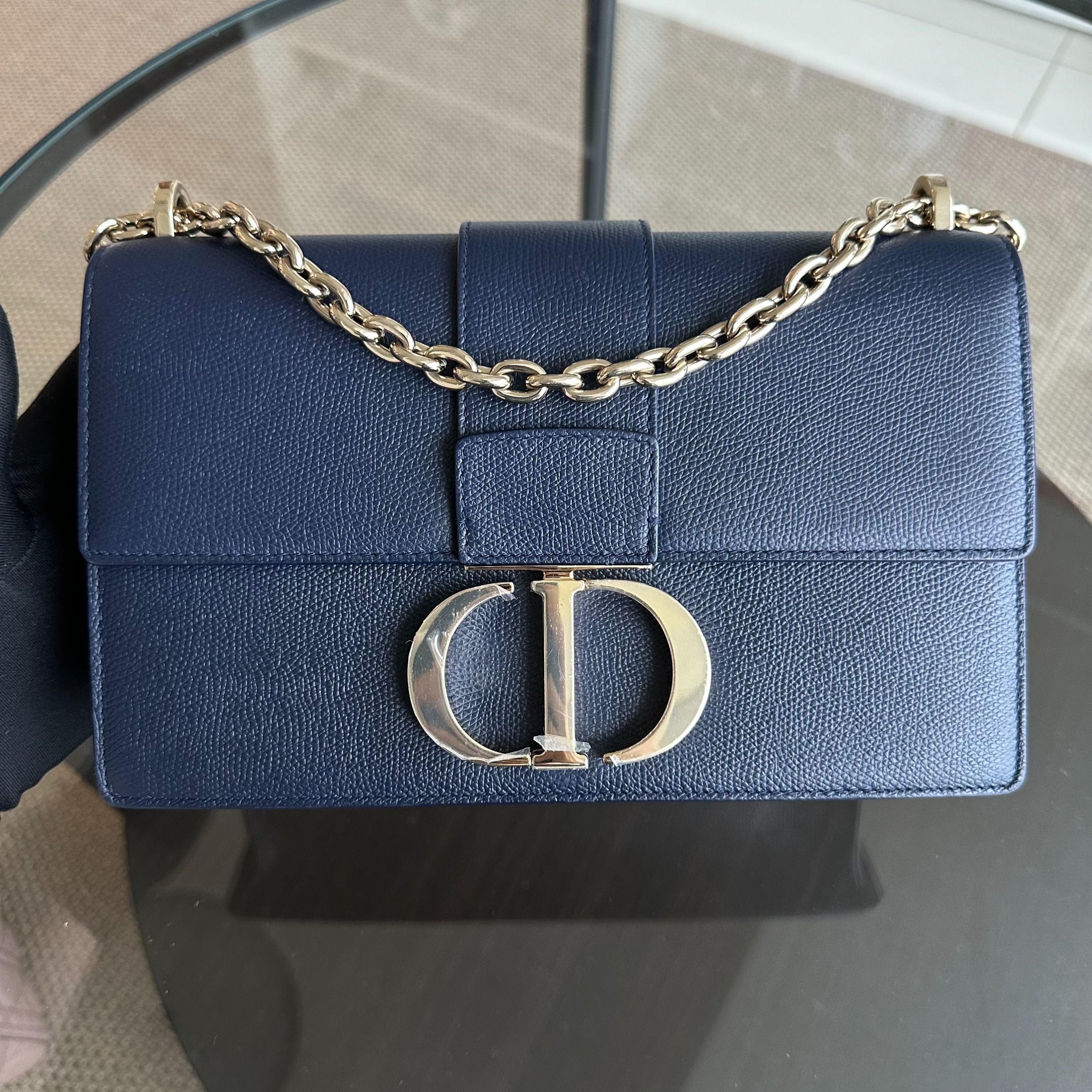 Dior Montaigne 30 East West Grained Calfskin Dark Blue LGHW - Luxury Evermore