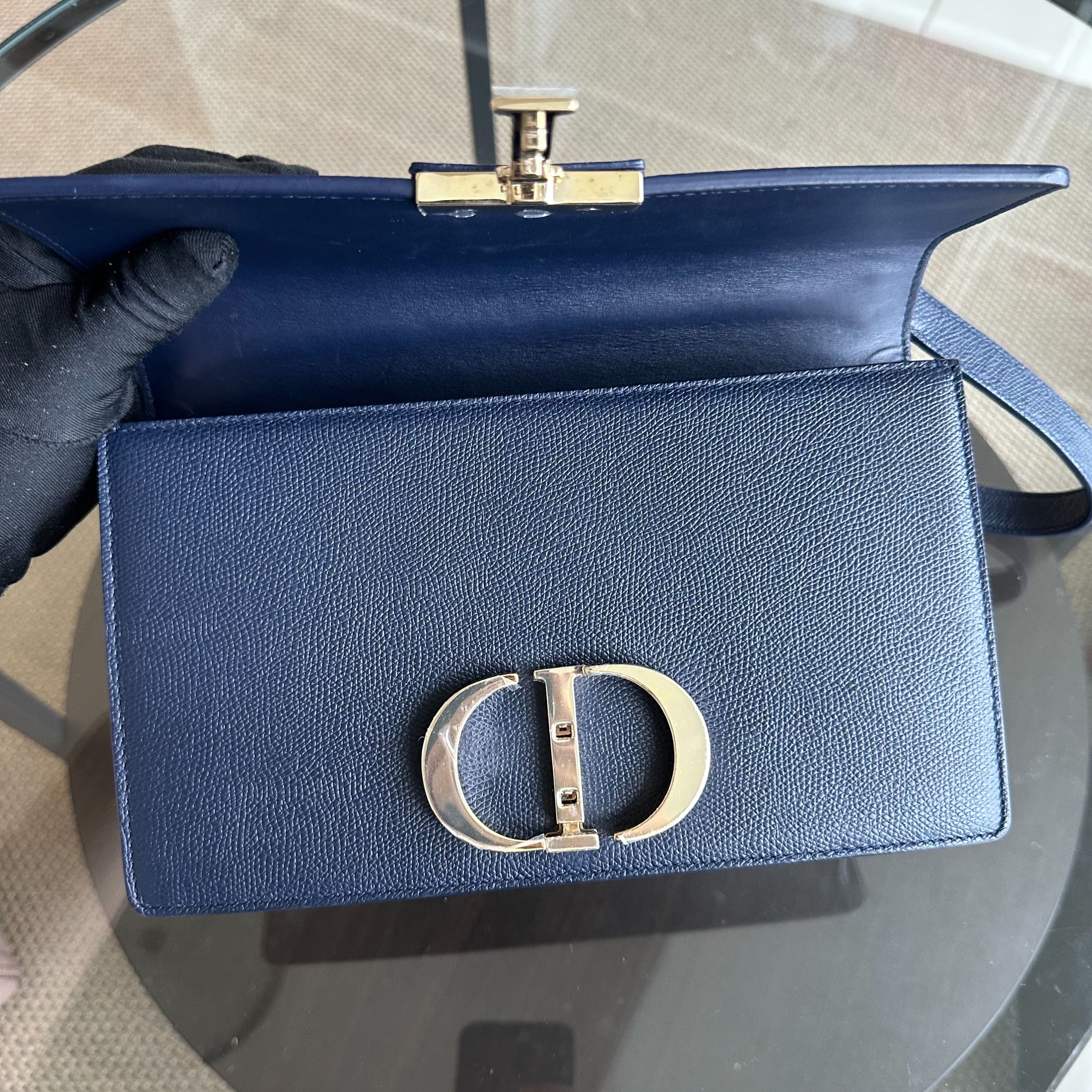 Dior Montaigne 30 East West Grained Calfskin Dark Blue LGHW - Luxury Evermore