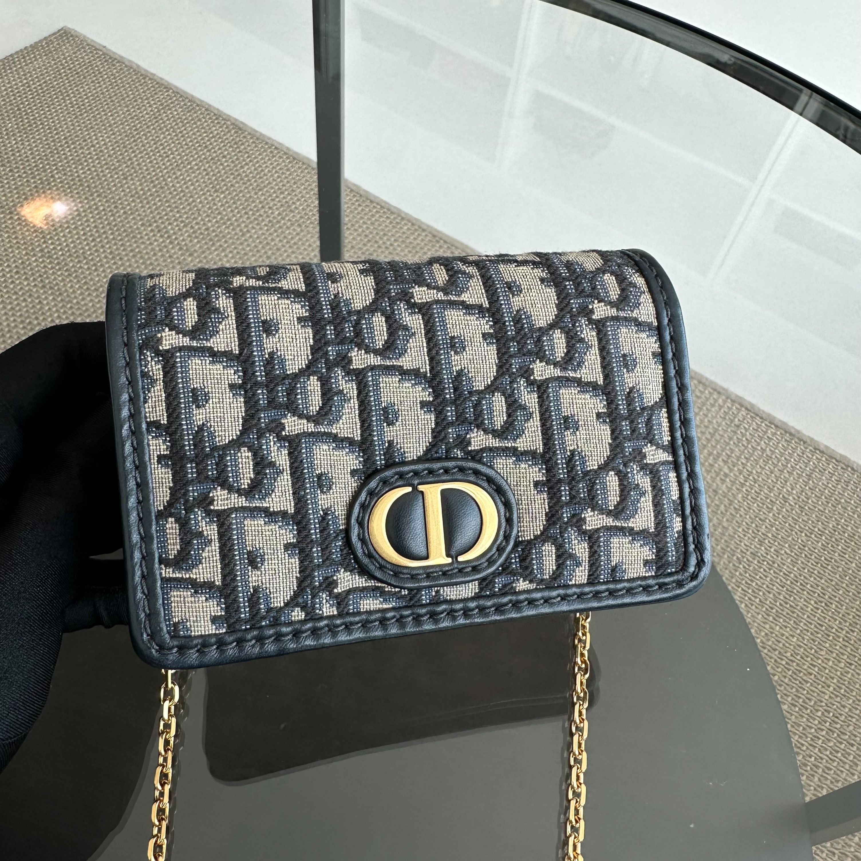 Dior Montaigne WOC Wallet On Chain in Navy Oblique Canvas Cross Body - Luxury Evermore