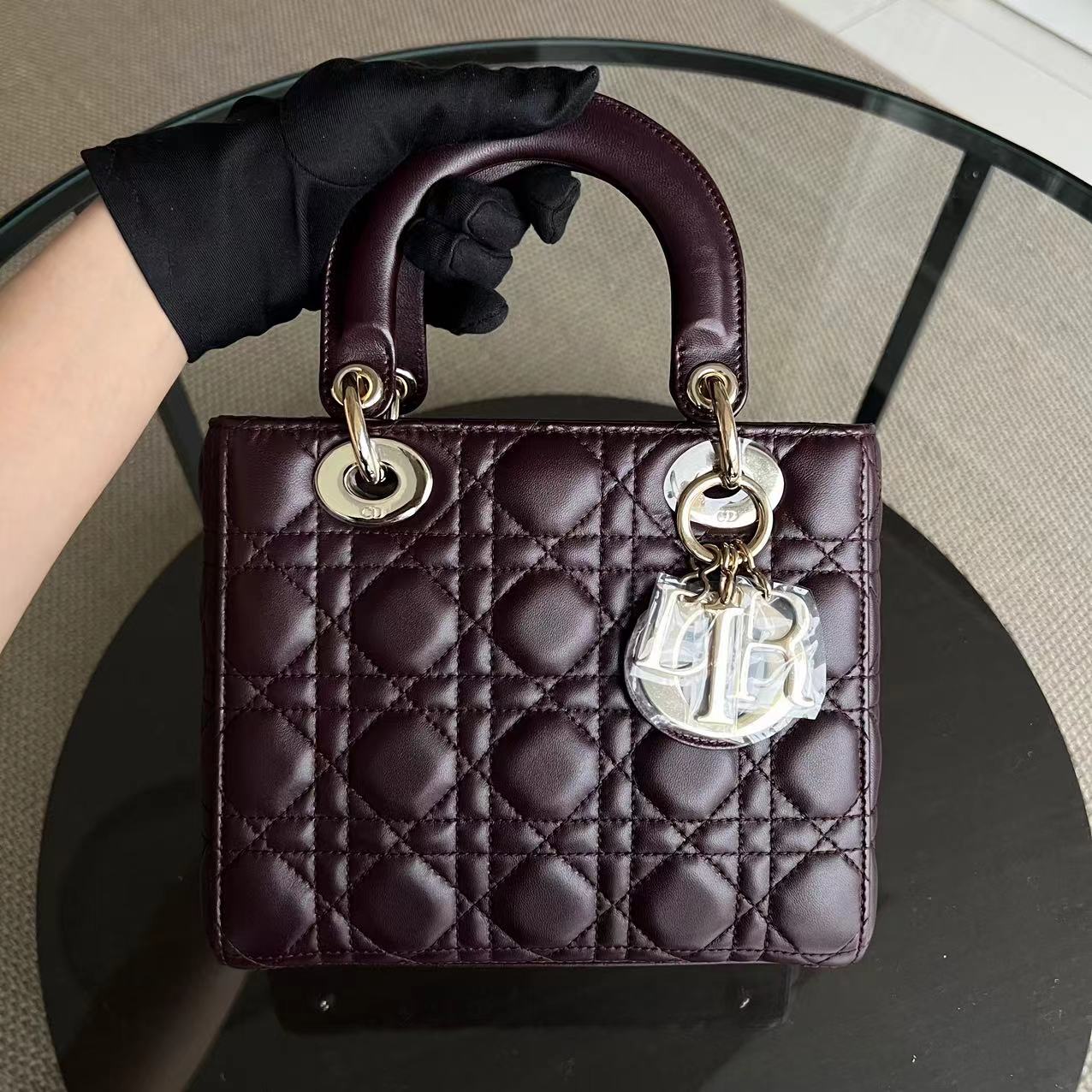 Dior My Lady Small Cannage Lambskin Burgundy Red My ABC Charm Badge GHW - Luxury Evermore