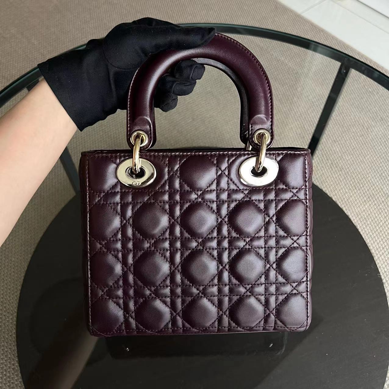 Dior My Lady Small Cannage Lambskin Burgundy Red My ABC Charm Badge GHW - Luxury Evermore