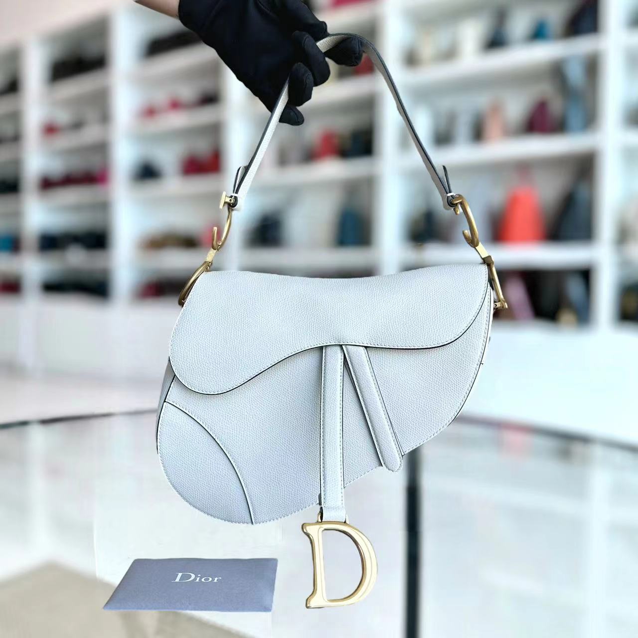 Dior Saddle Medium 25CM Grained Calfskin White GHW - Luxury Evermore