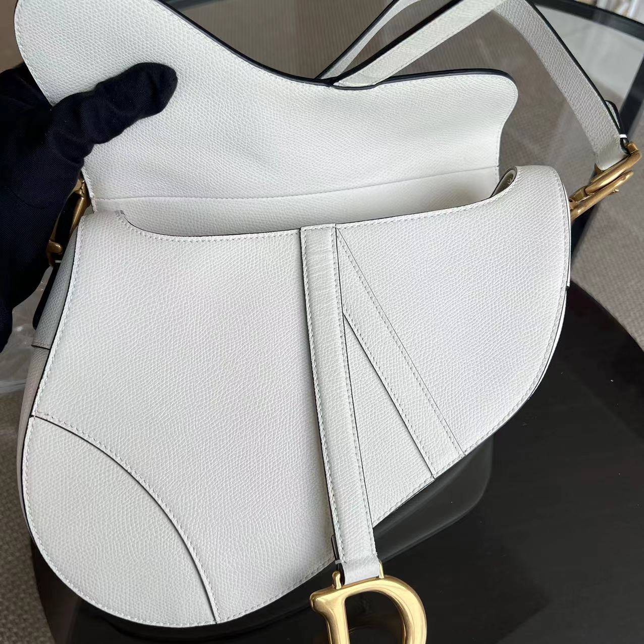 Dior Saddle Medium 25CM Grained Calfskin White GHW - Luxury Evermore