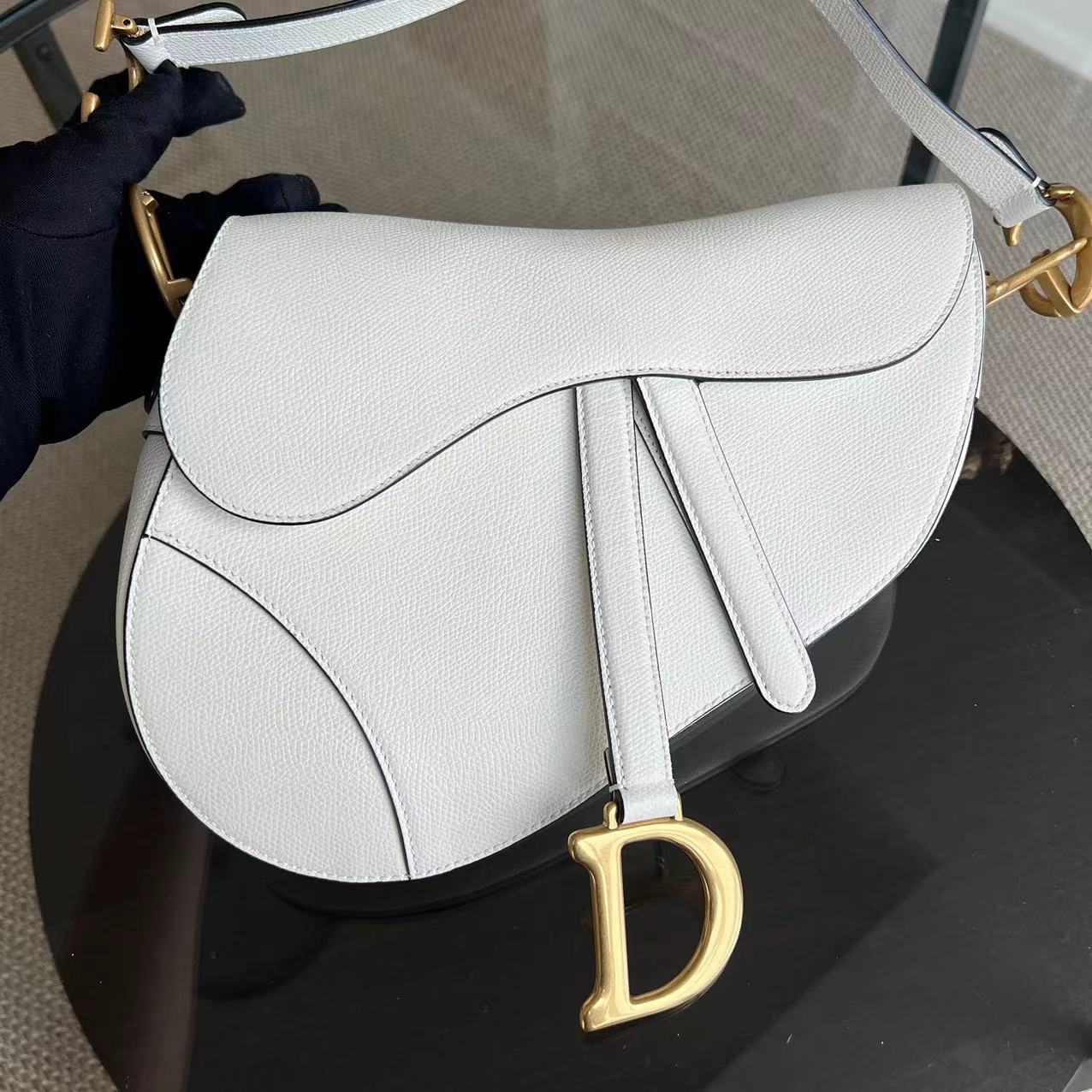 Dior Saddle Medium 25CM Grained Calfskin White GHW - Luxury Evermore