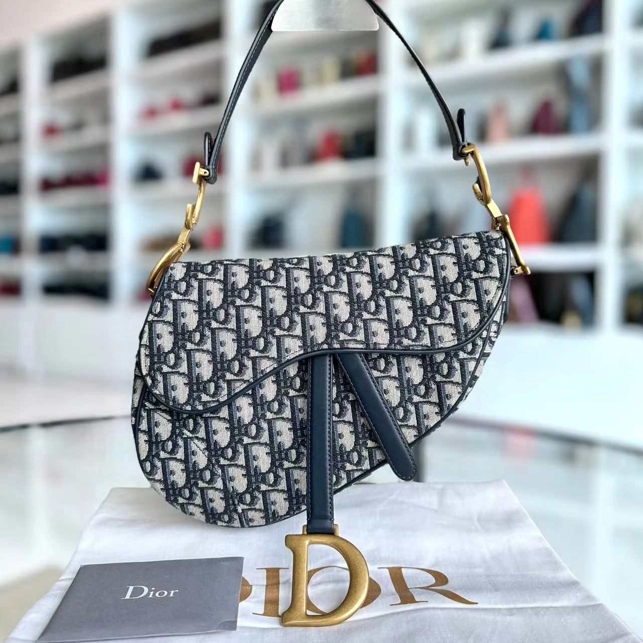 Dior Saddle Medium Embroidery Canvas Monogram Dark Blue Golden Hardware - Luxury Evermore