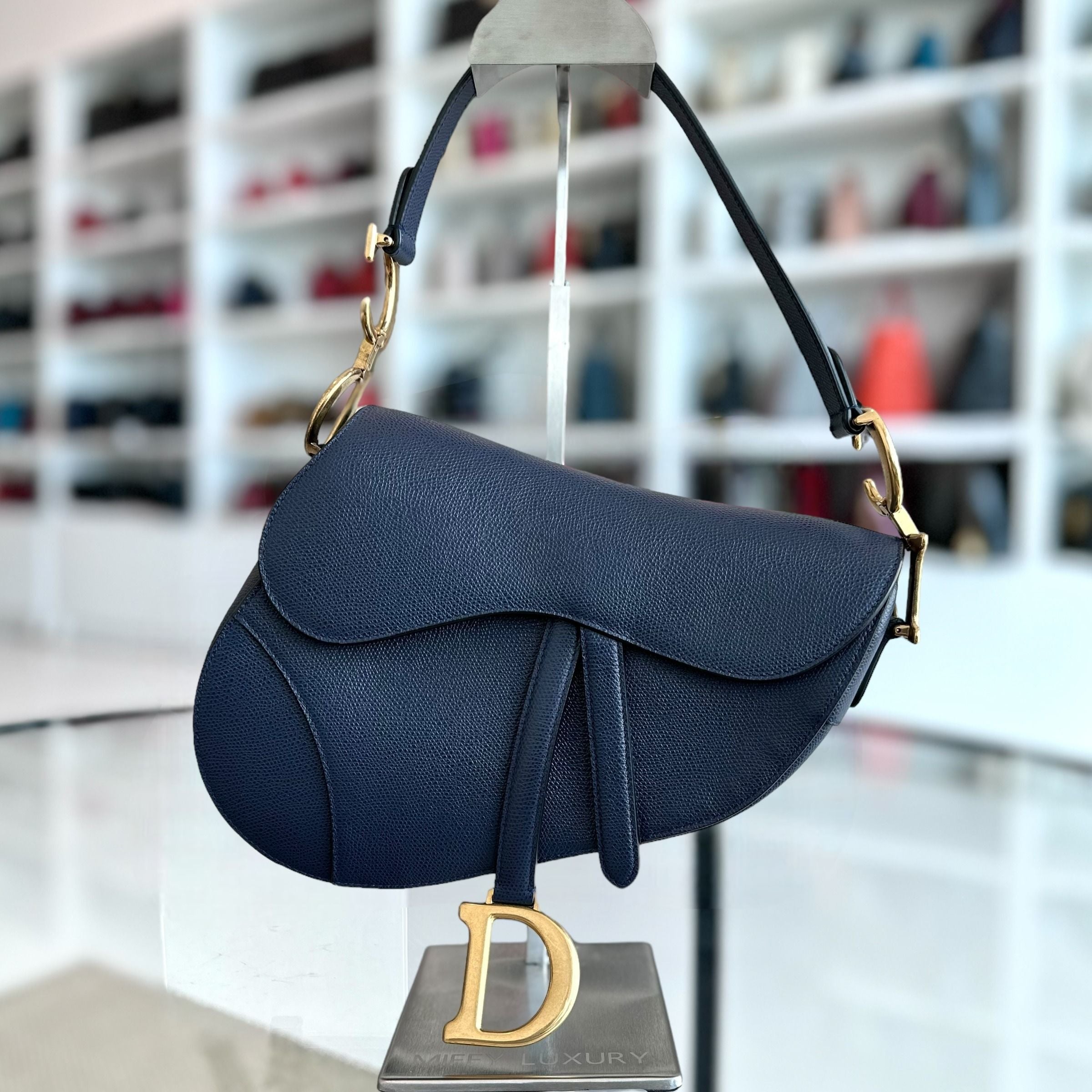 Dior Saddle Medium Grained Calfskin Dark Blue GHW - Luxury Evermore