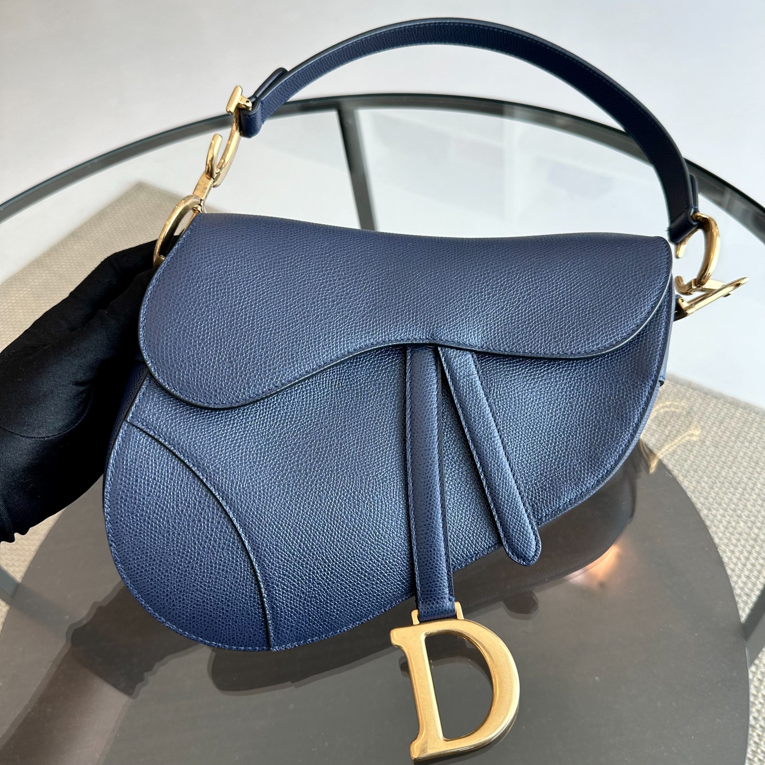 Dior Saddle Medium Grained Calfskin Dark Blue GHW - Luxury Evermore