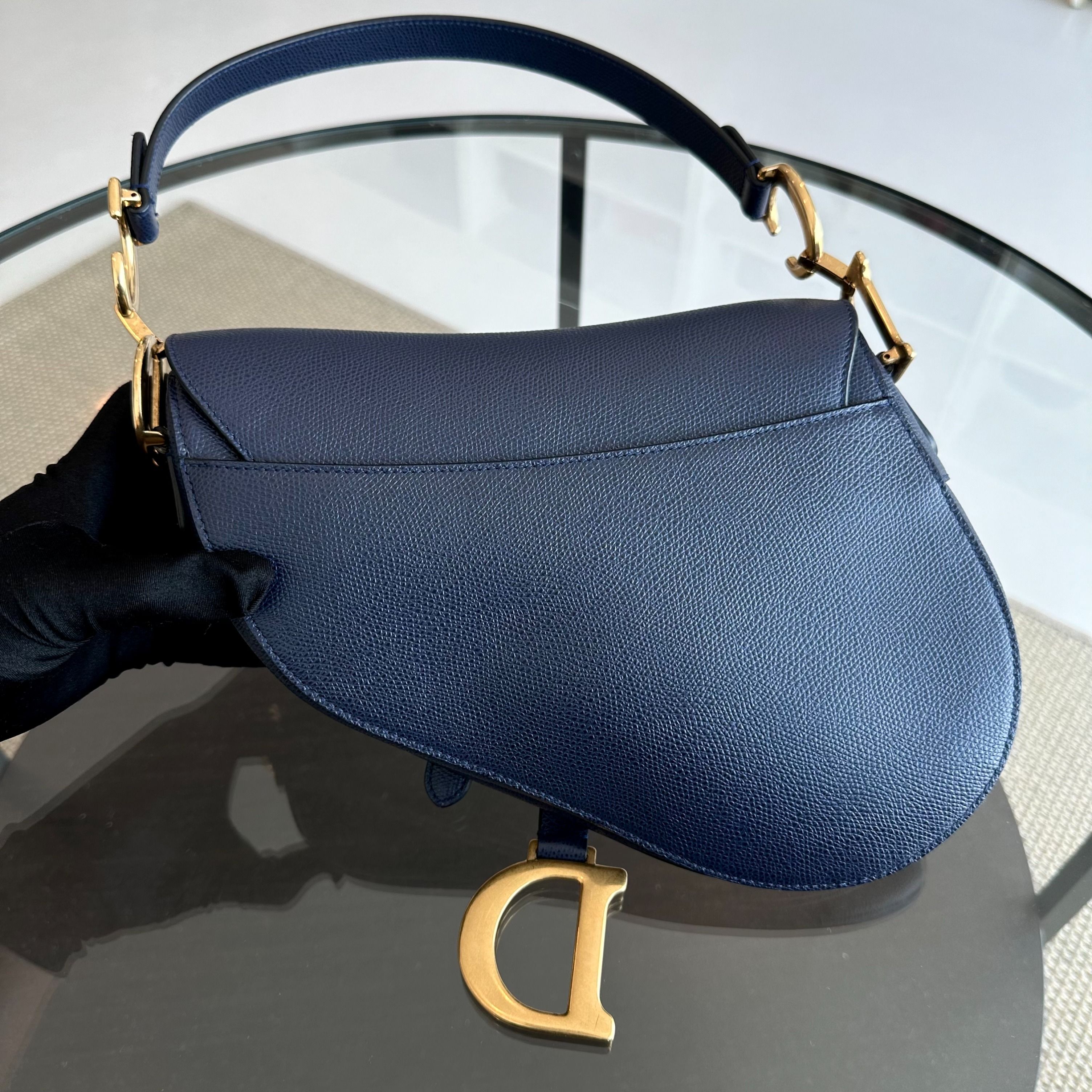 Dior Saddle Medium Grained Calfskin Dark Blue GHW - Luxury Evermore