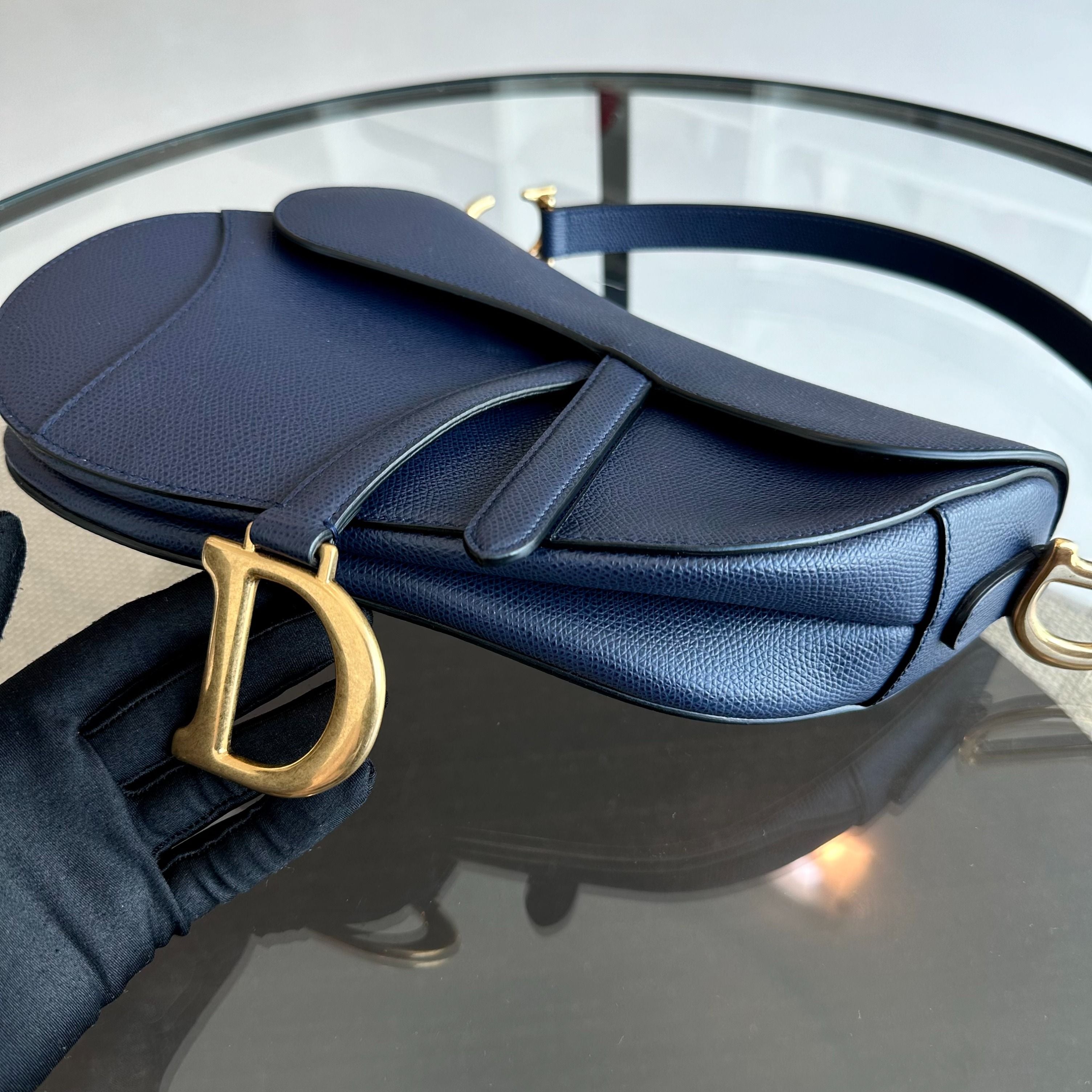 Dior Saddle Medium Grained Calfskin Dark Blue GHW - Luxury Evermore