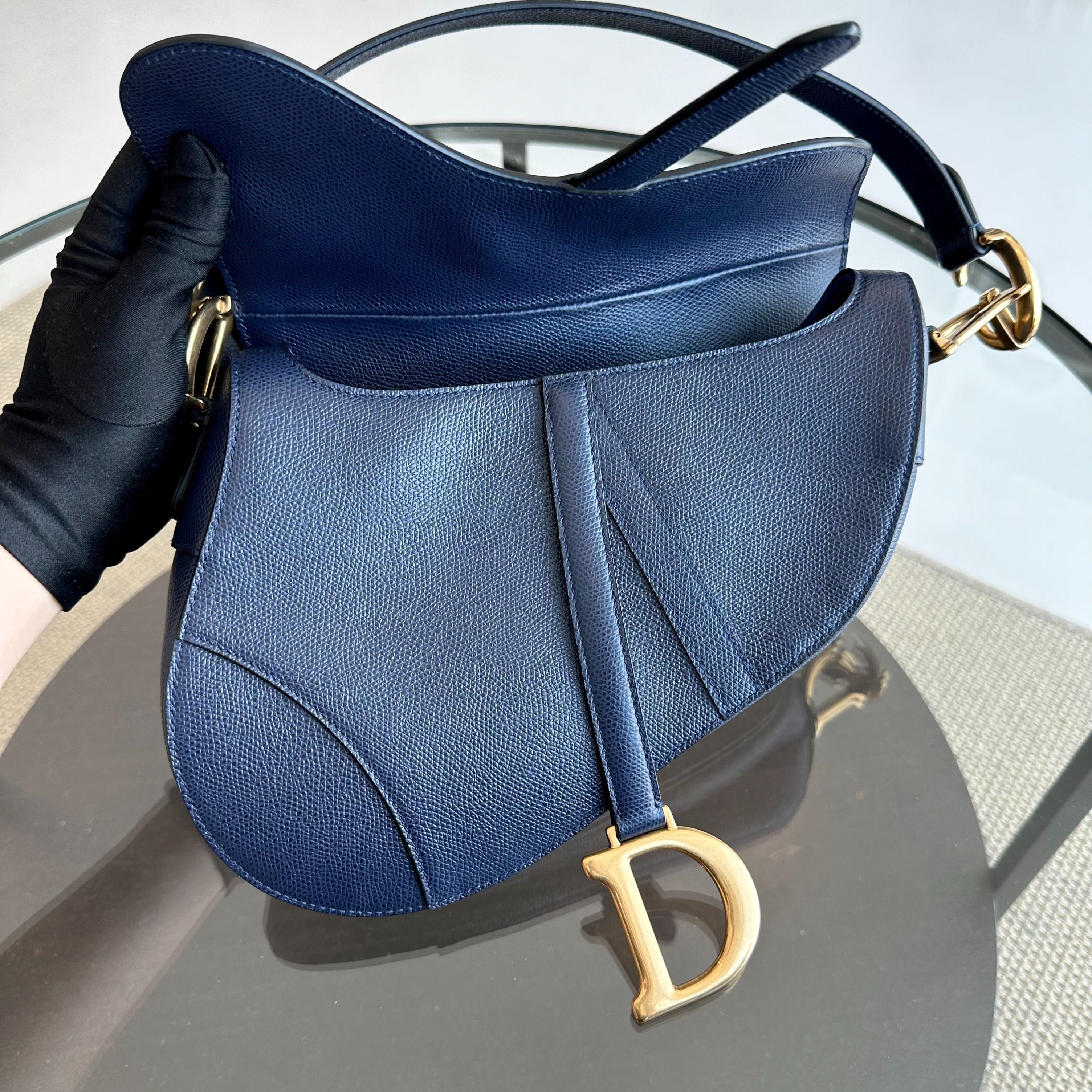 Dior Saddle Medium Grained Calfskin Dark Blue GHW - Luxury Evermore