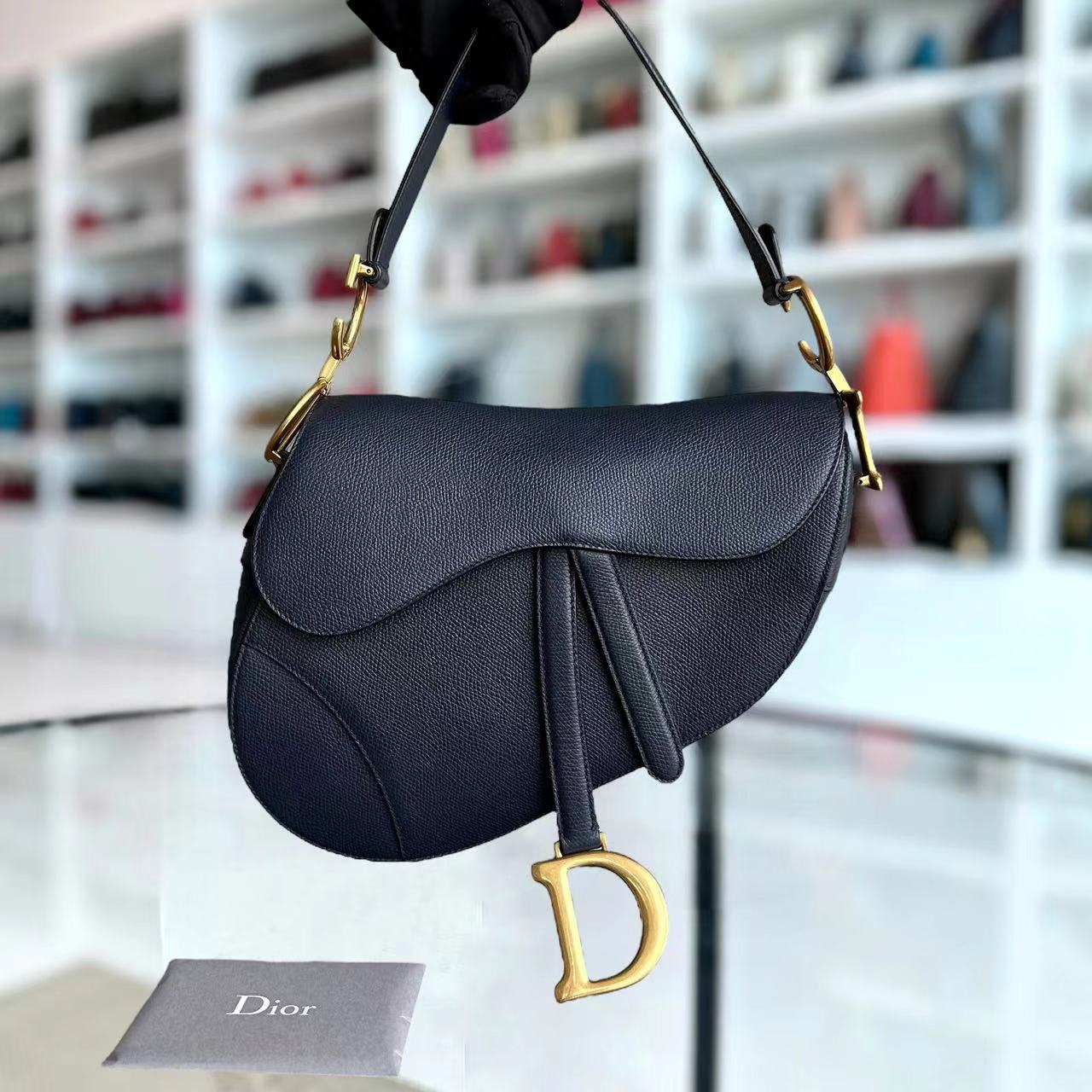 Dior Saddle Medium Grained Calfskin Dark Blue Golden Hardware - Luxury Evermore