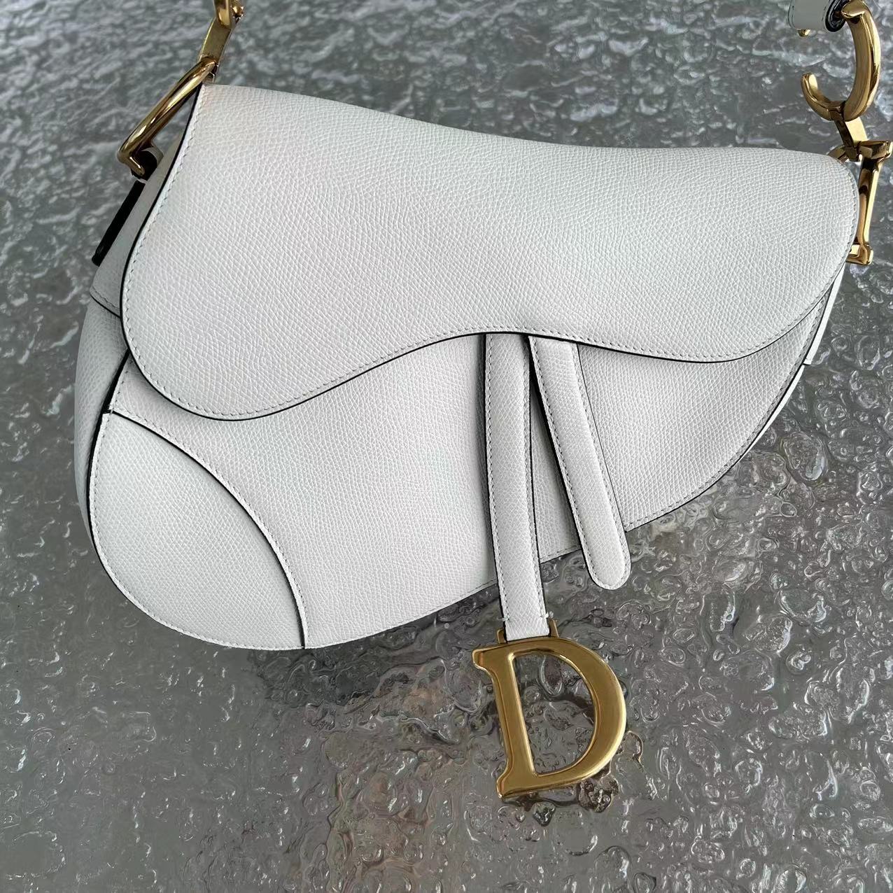 Dior Saddle Medium Grained Calfskin White Golden Hardware - Luxury Evermore