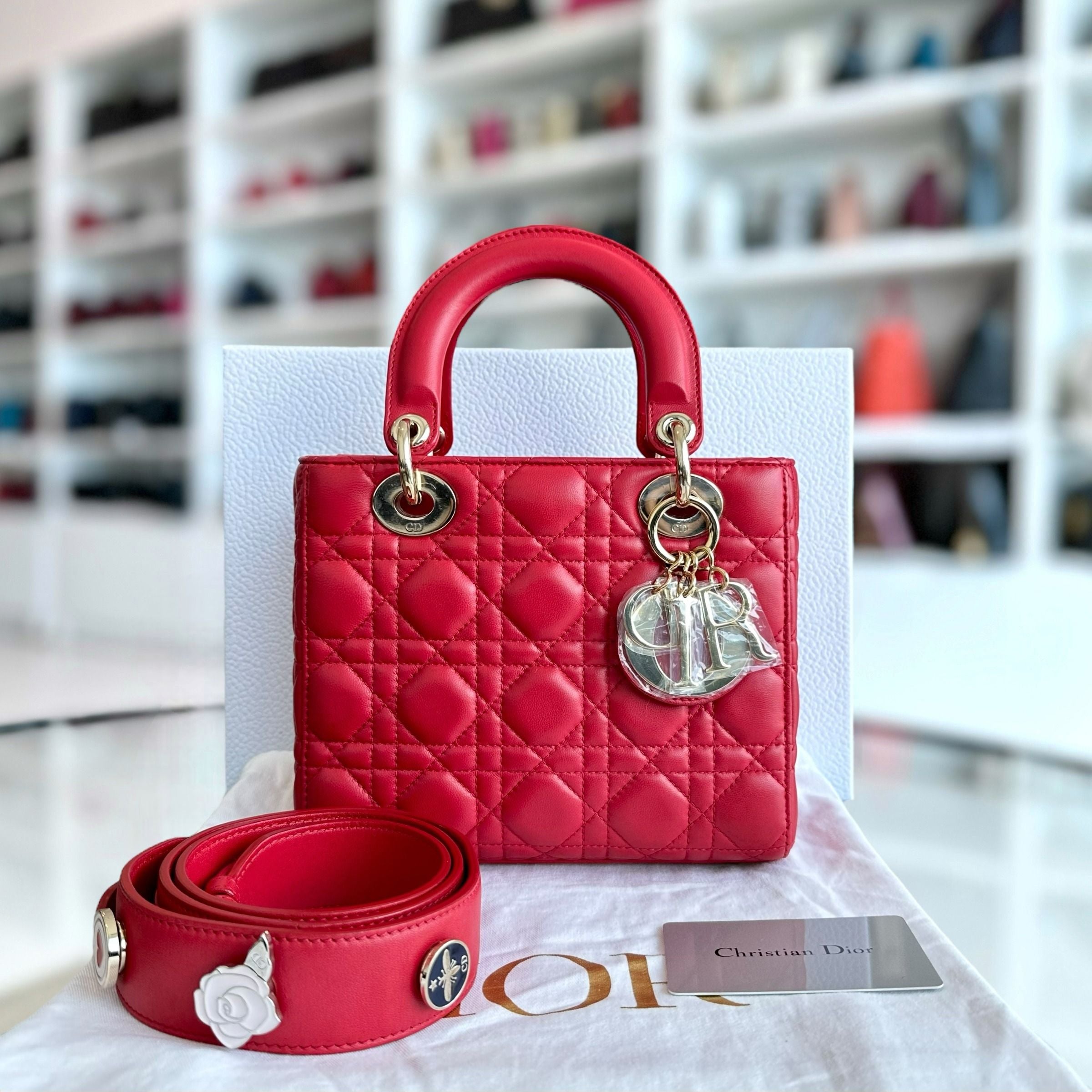 *Full Set, Receipt* Dior Lady Small Cannage Badge Charm ABC Red Cross Body GHW