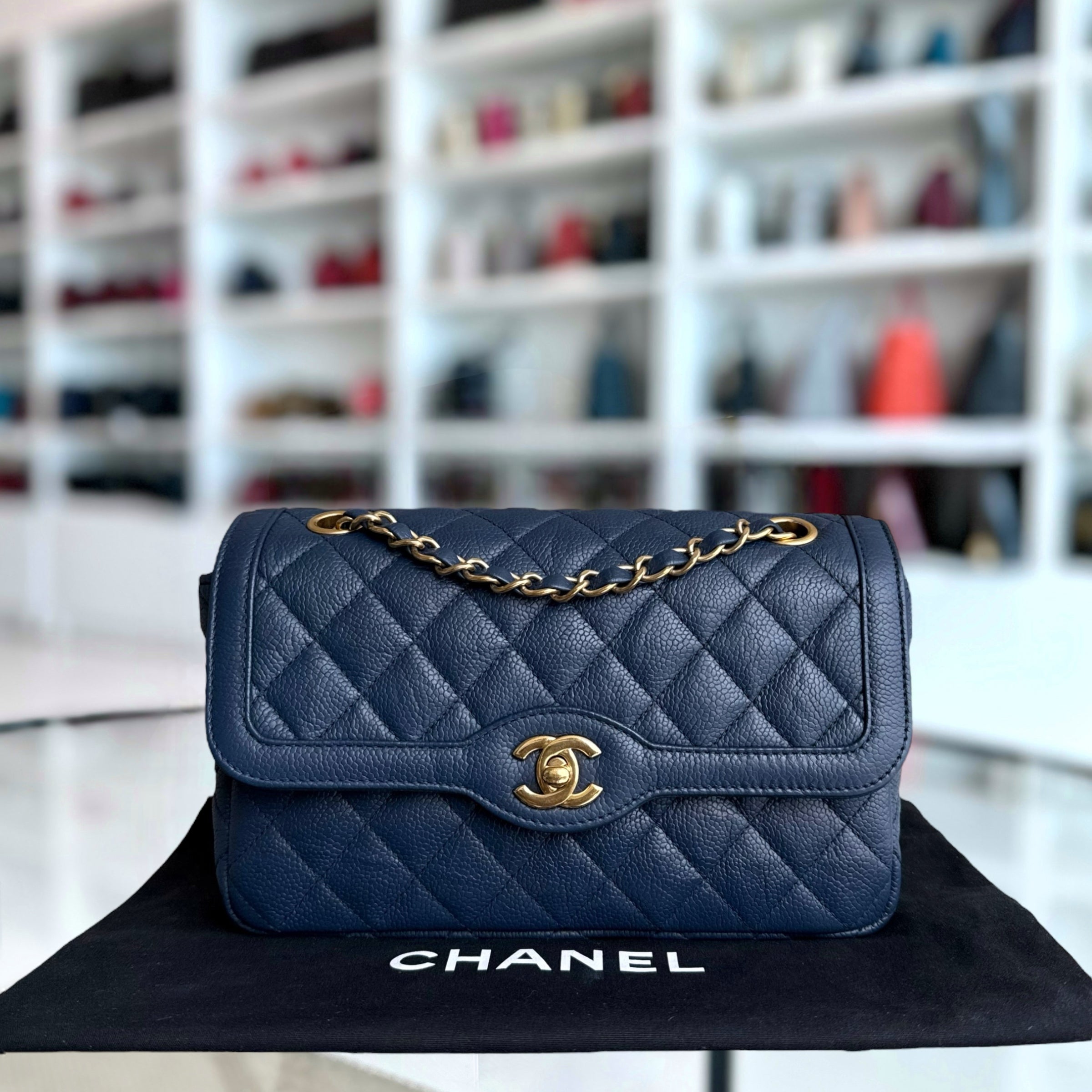 Chanel Two Tone Flap - Medium Crumpled Grained Calfskin Navy Blue Gold