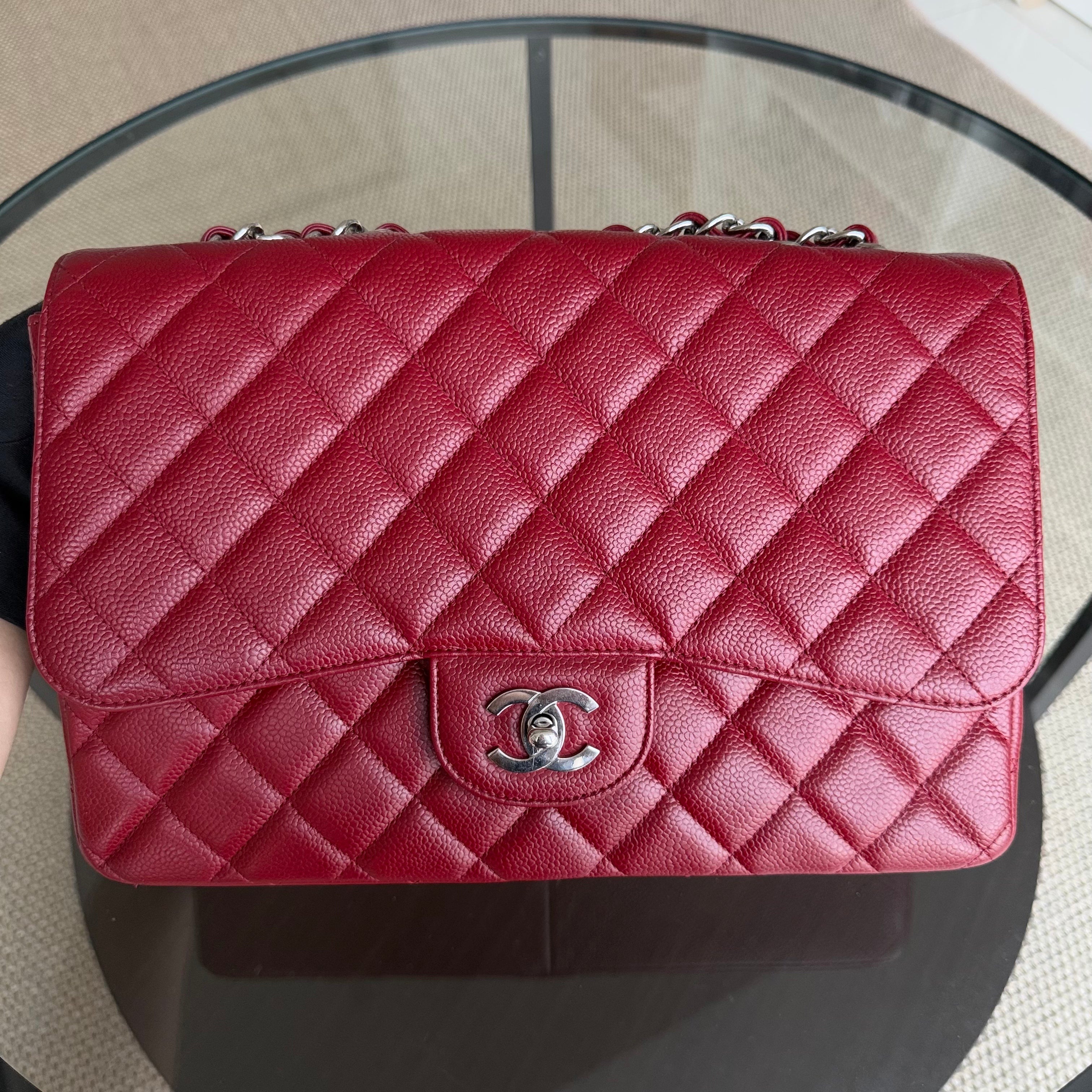 Chanel Classic Flap Jumbo - Caviar 30CM Single Flap Quilted Burgundy Dark Red Silver Hardware Series 13