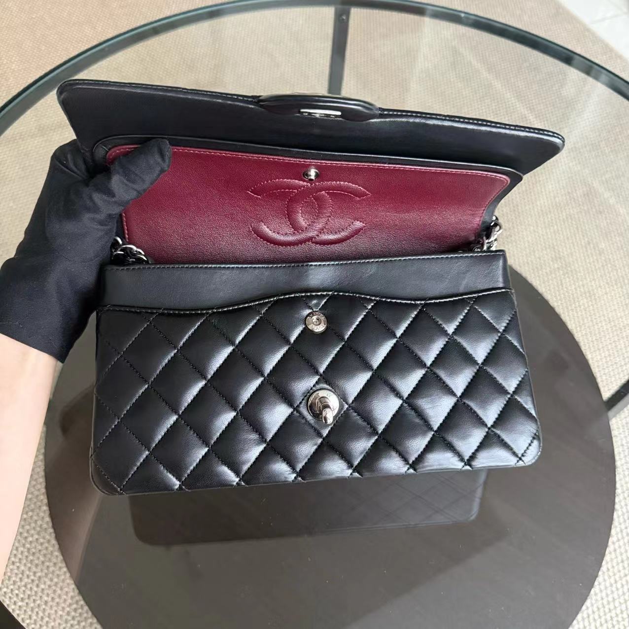 Chanel Classic Flap Medium - 25CM Double Flap Quilted Lambskin Black Silver Hardware Series 19