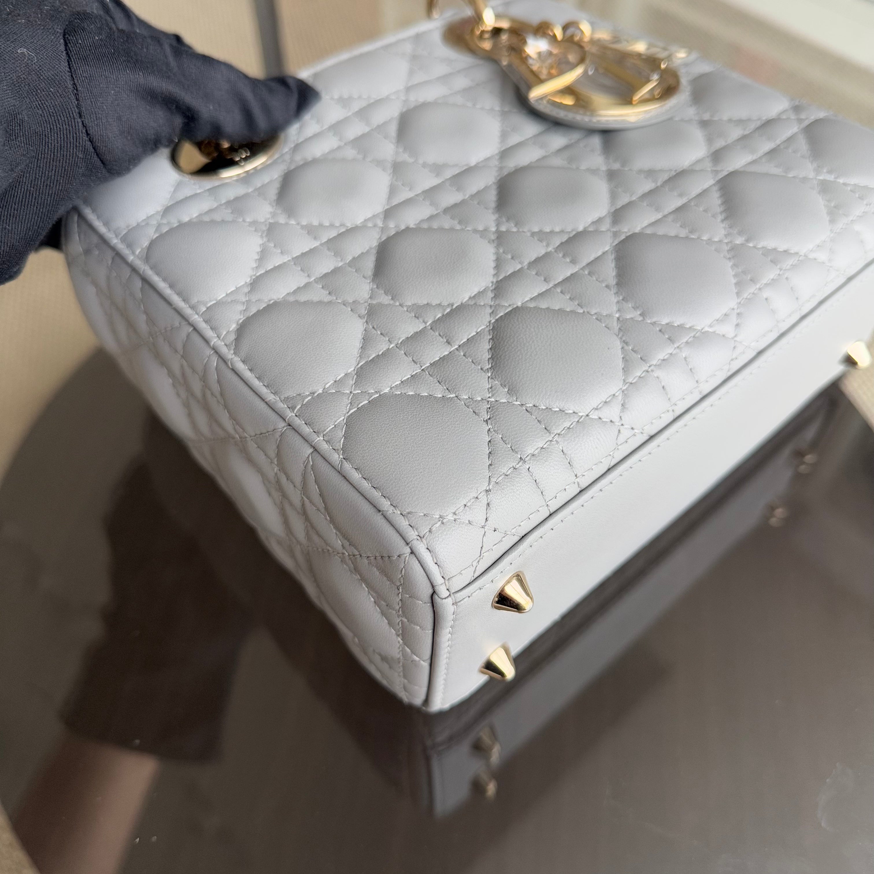 Dior Lady Small - Cannage Lambskin Grey Gray Gold Hardware