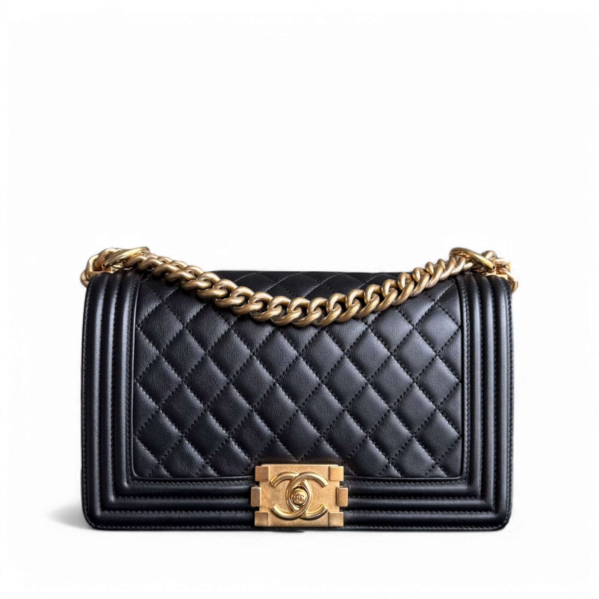 Chanel Boy Medium - Calfskin 25CM Quilted Black Gold Hardware Series 25