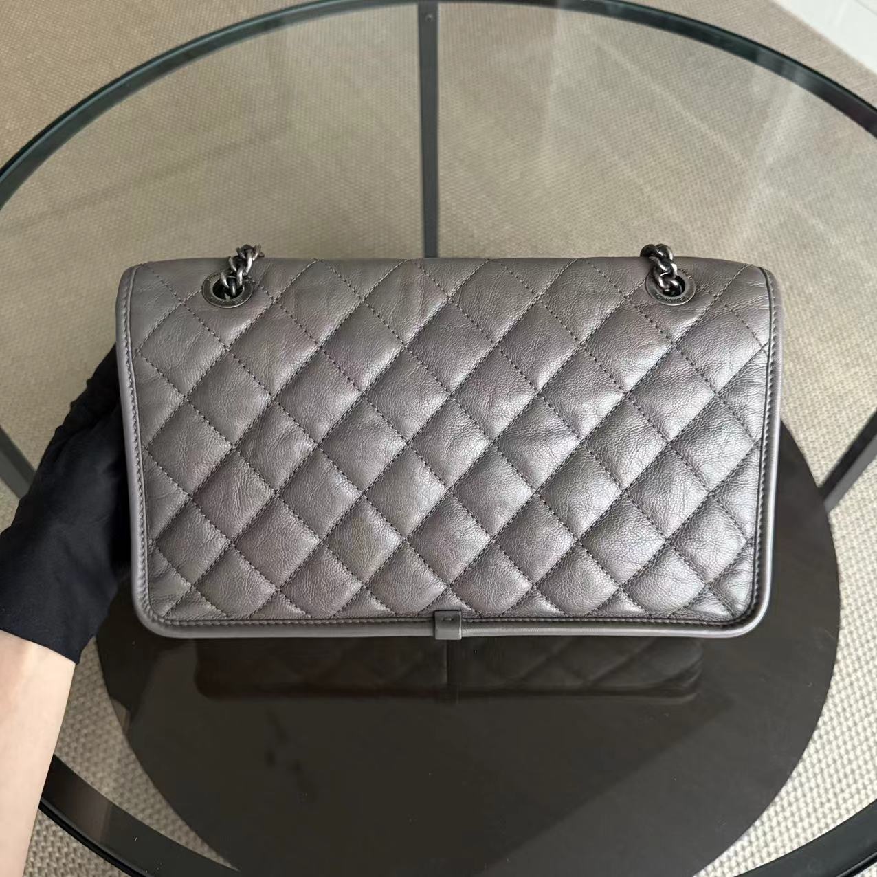 Chanel Flap French Riviera - Calfskin 28CM Grey Quilted Gray Ruthenium Palladium Silver Hardware Series 20