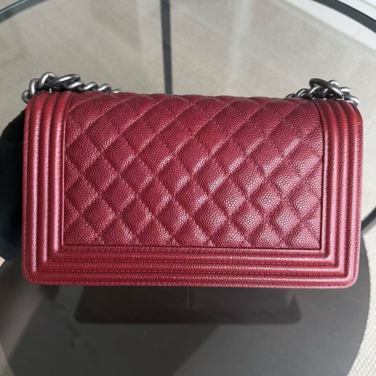 Chanel Boy Medium - Caviar 25CM Quilted Burgundy Dark Red Ruthenium Silver Hardware Series 20