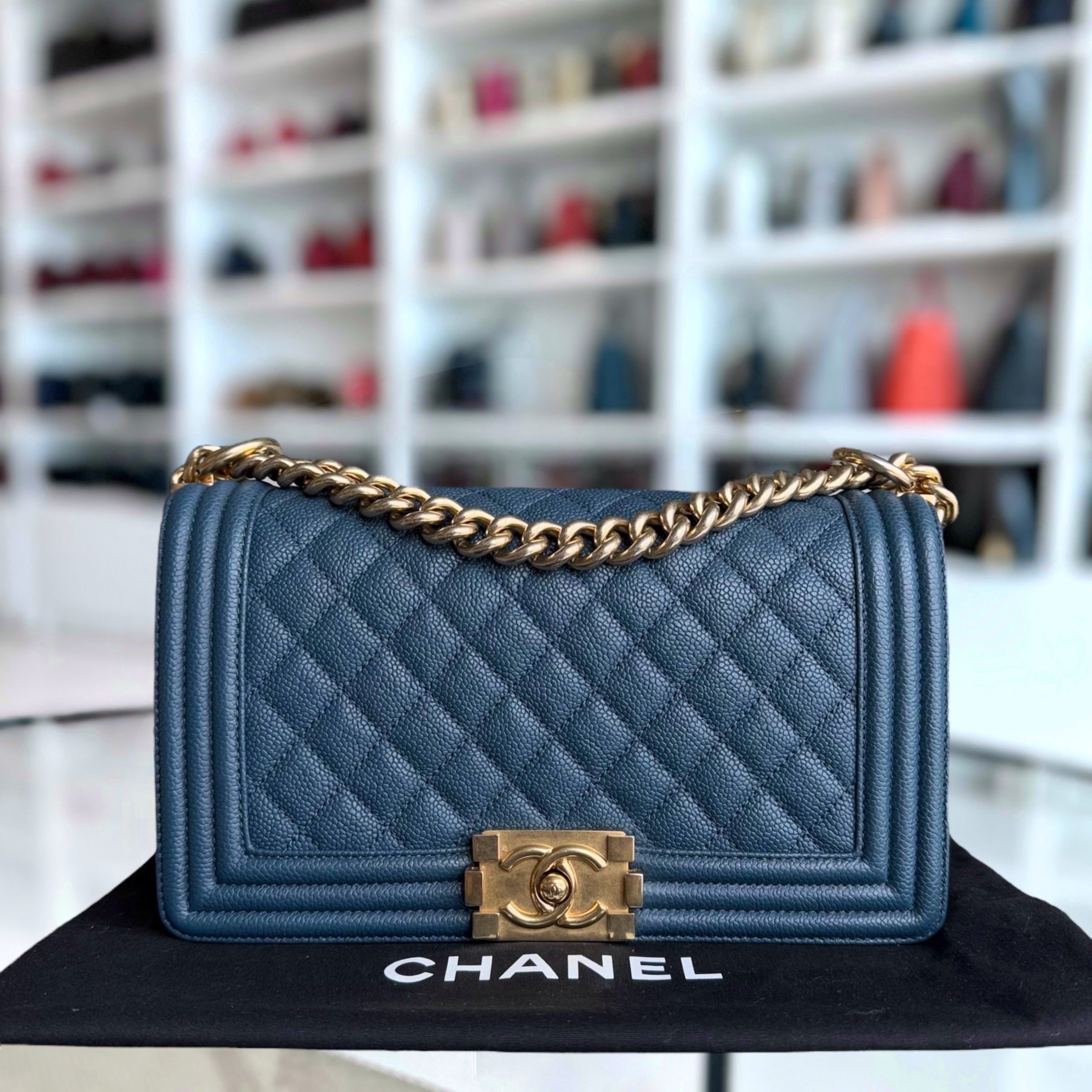 Chanel Boy Medium - Caviar 25CM Quilted Blue Gold Hardware Series 23