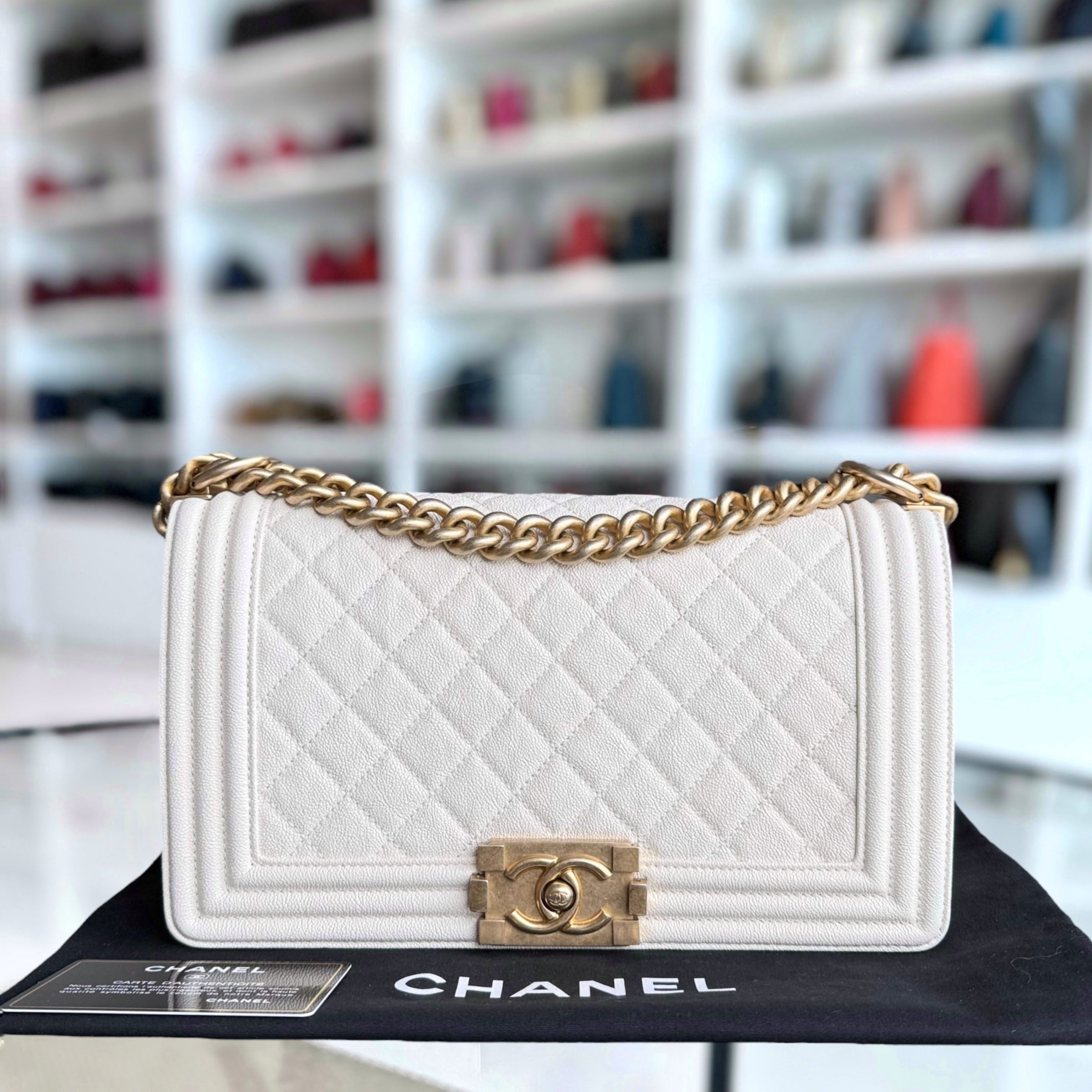 Chanel Boy Medium - Caviar 25CM Quilted Cream White Aged Gold Hardware Series 27