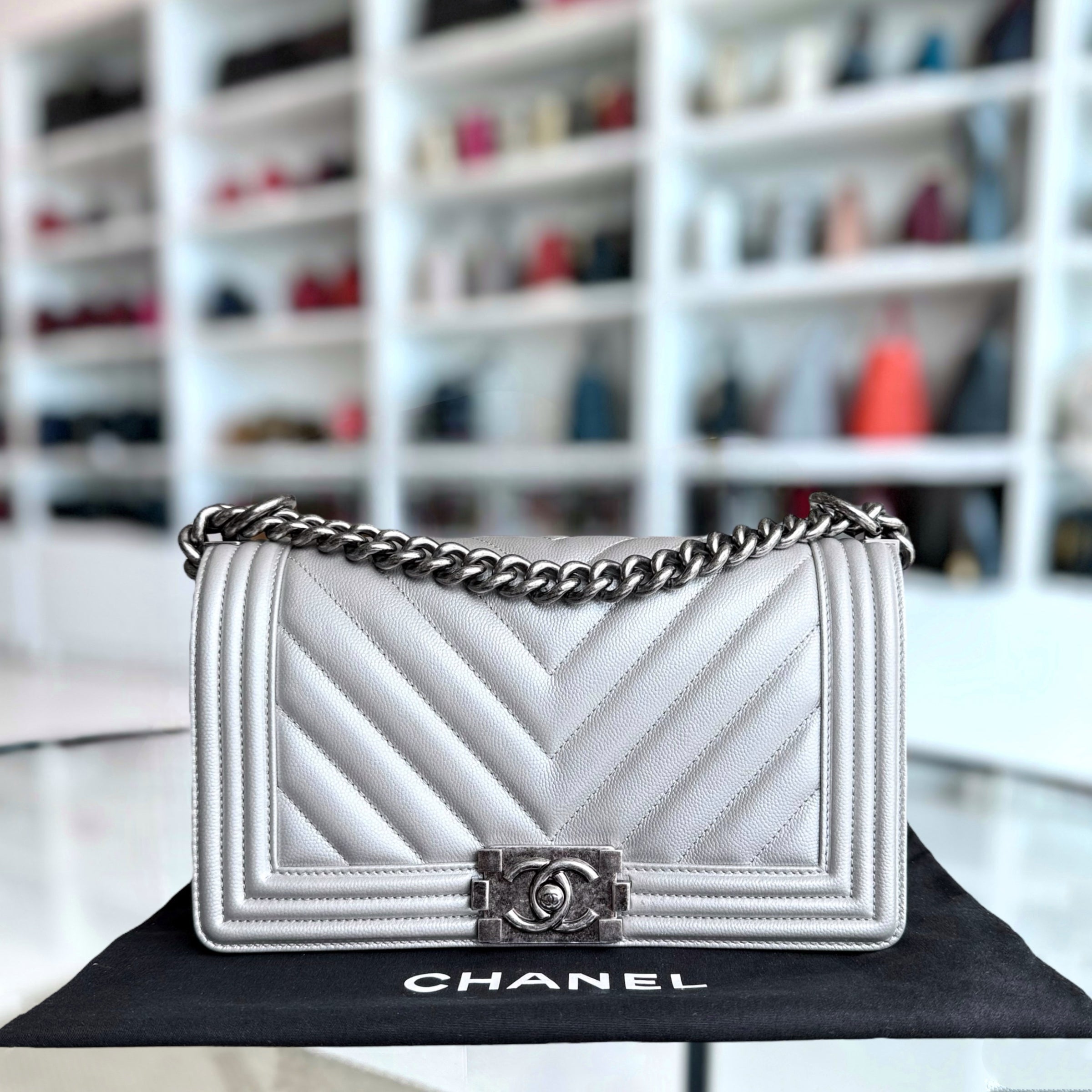 Chanel Boy Medium - Caviar 25CM Chevron Metallic Silver Ruthenium Silver Hardware Series 22