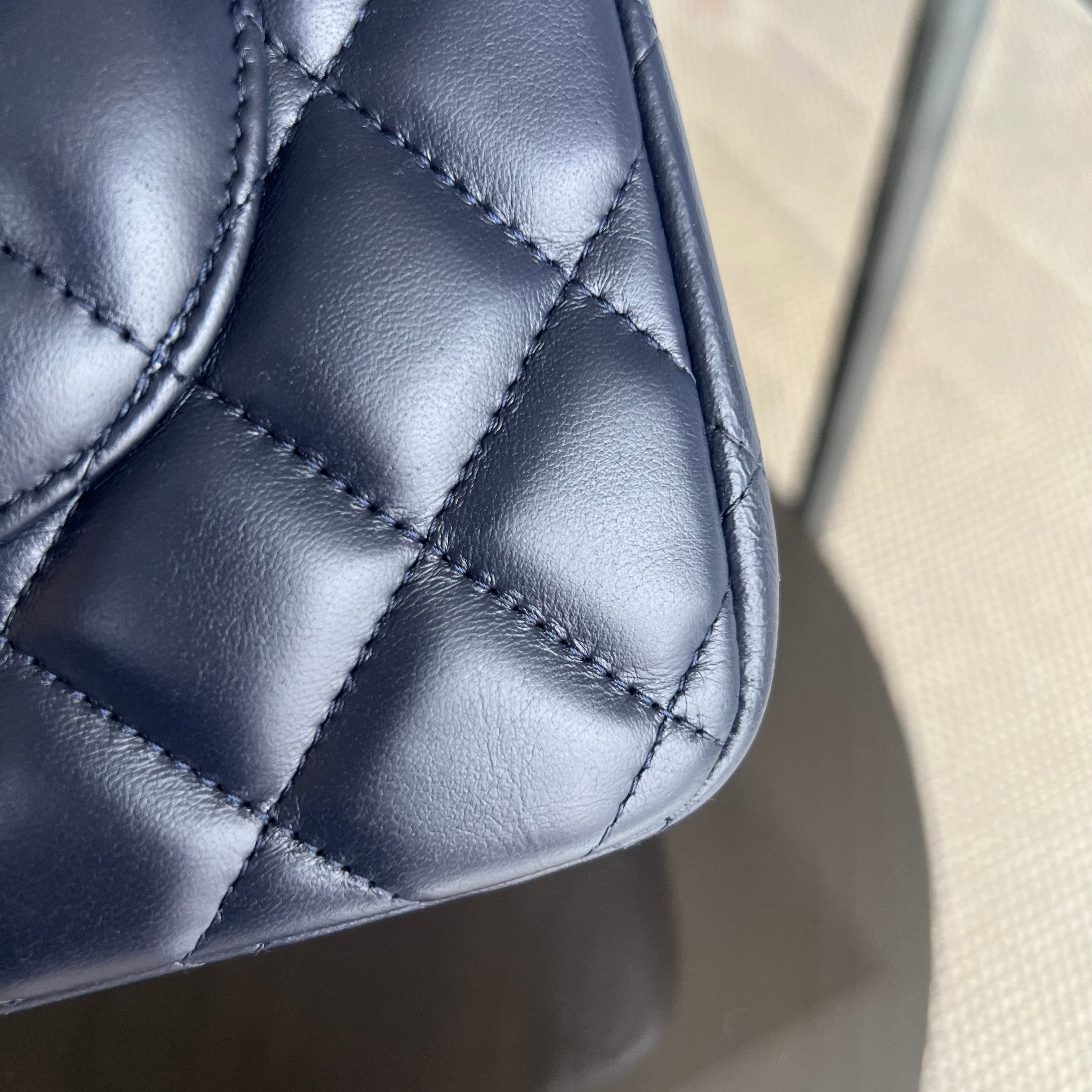 Chanel Classic Flap Jumbo - Double Flap Lambskin 30CM Quilted Dark Navy Blue Silver Hardware Series 16