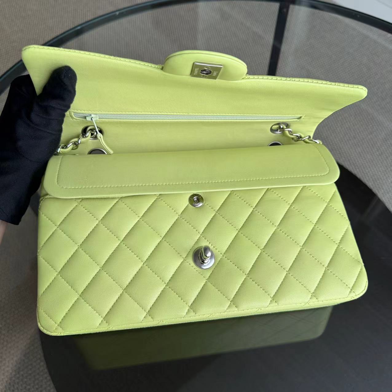 *Full Set, Receipt* Chanel Classic Flap Medium Quilted Lambskin Light Yellow Silver Hardware