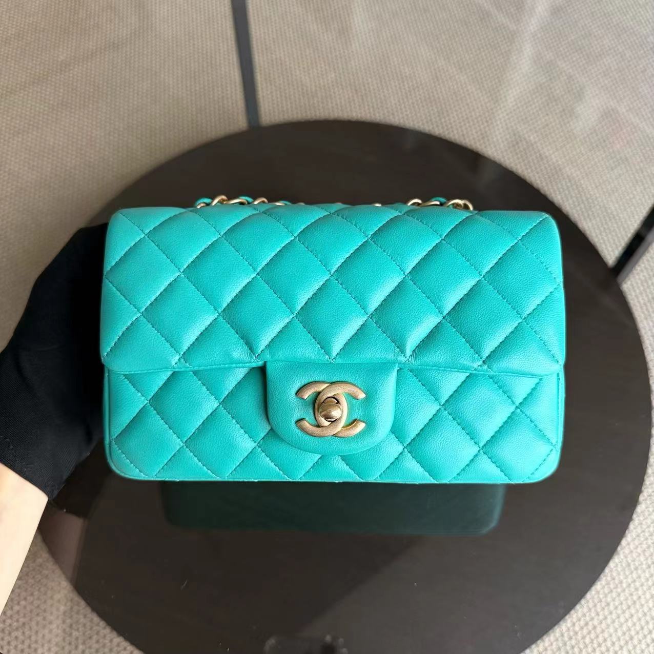 Chanel Classic Flap Mini - 20CM Rectangle Quilted Lambskin Cyan Gold Hardware